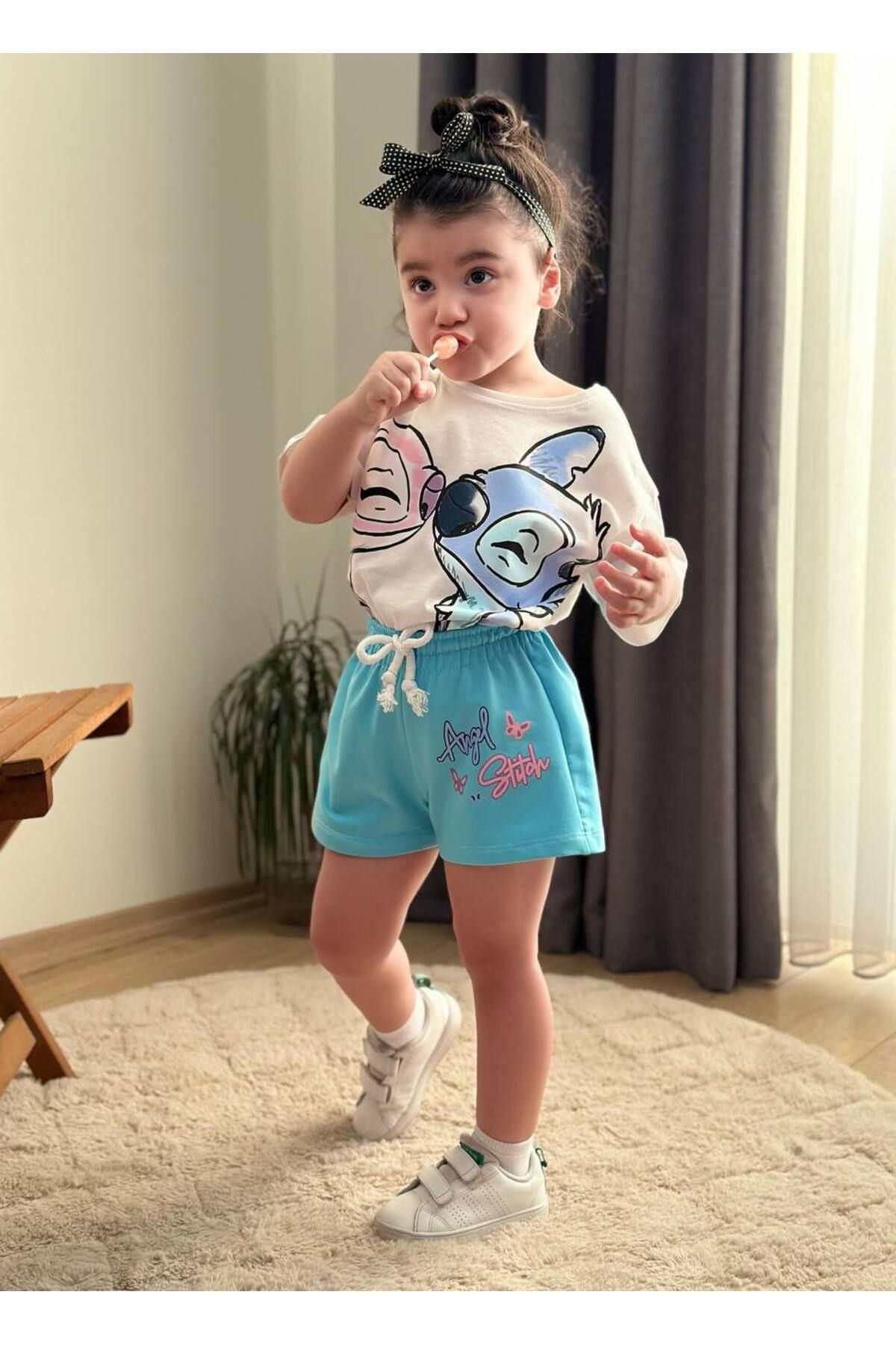 Kız Çocuk Stitch Baskılı Şortlu Alt Üst Takım