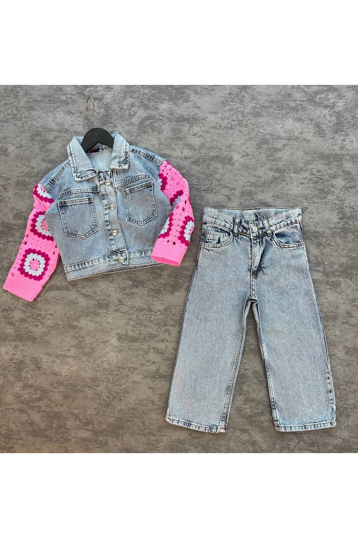 Kız Çocuk Kolları Motif Detaylı Denim Alt Üst Takım