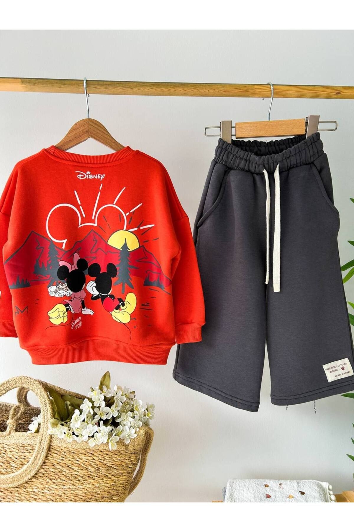 Kız Çocuk Kırmızı Mickey Mouse Desenli 3 iplik Kışlık Pamuklu Sweatshirt Geniş Eşofman Alt-Üst Takım