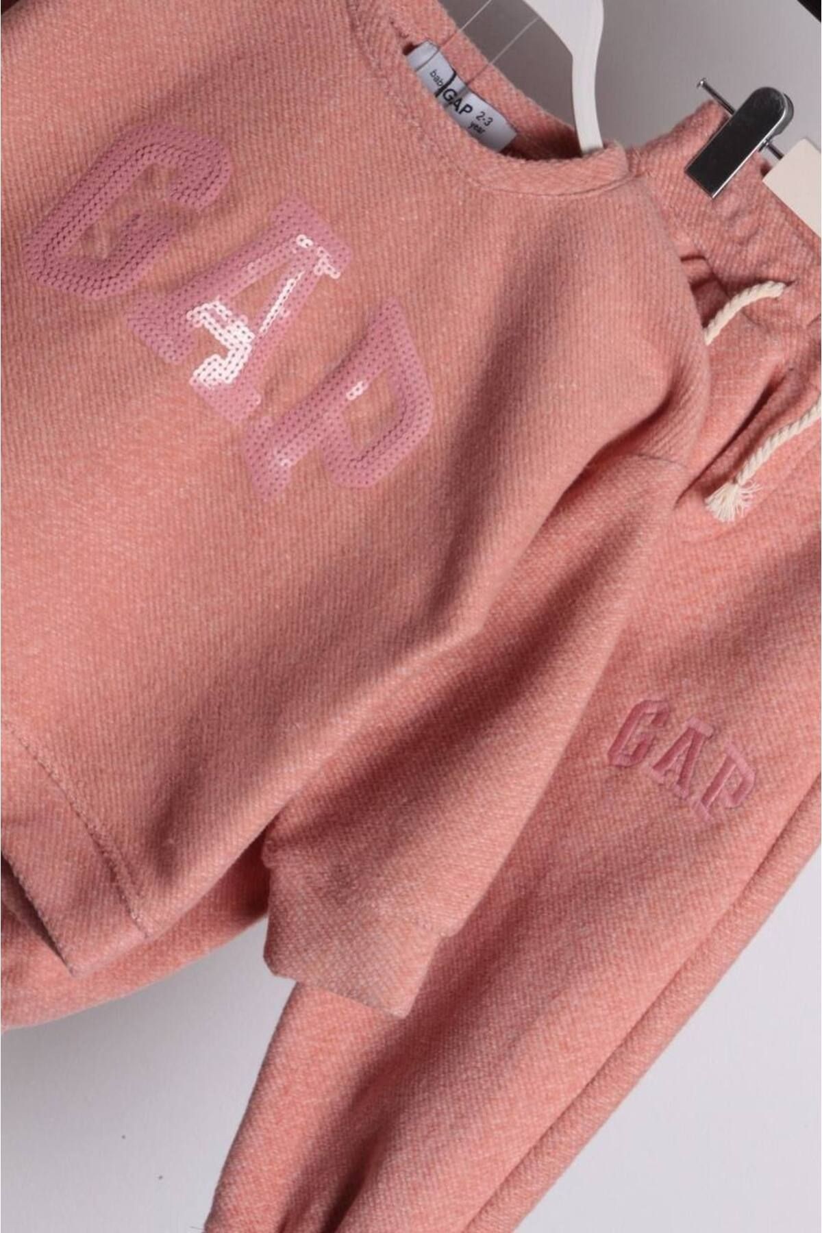 Kız Çocuk Somon Pembe Pullu GAP Baskılı Pamuklu Sweatshirt Eşofman Alt-Üst Takım