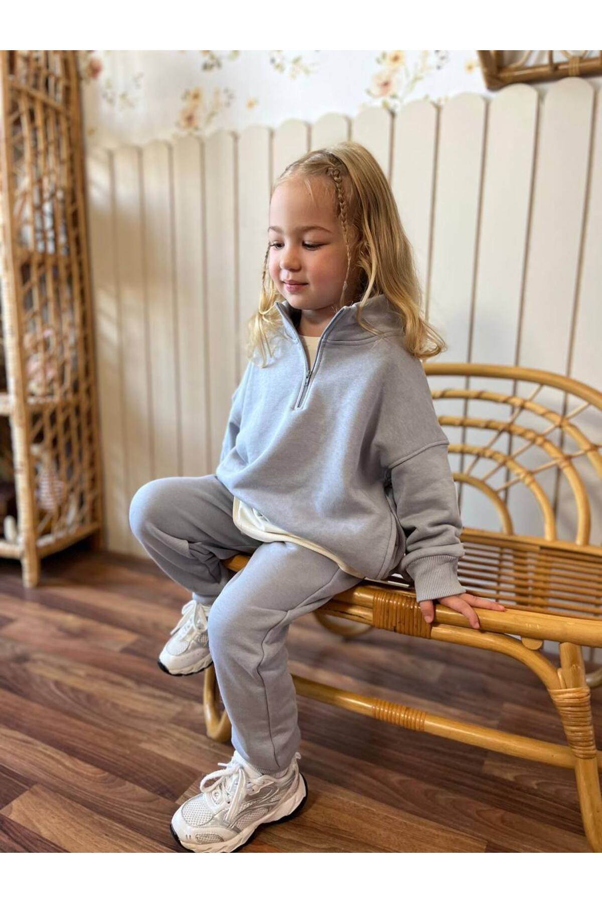 Kız Çocuk Fermuarlı 3 İplik Gri Alt Üst Takım