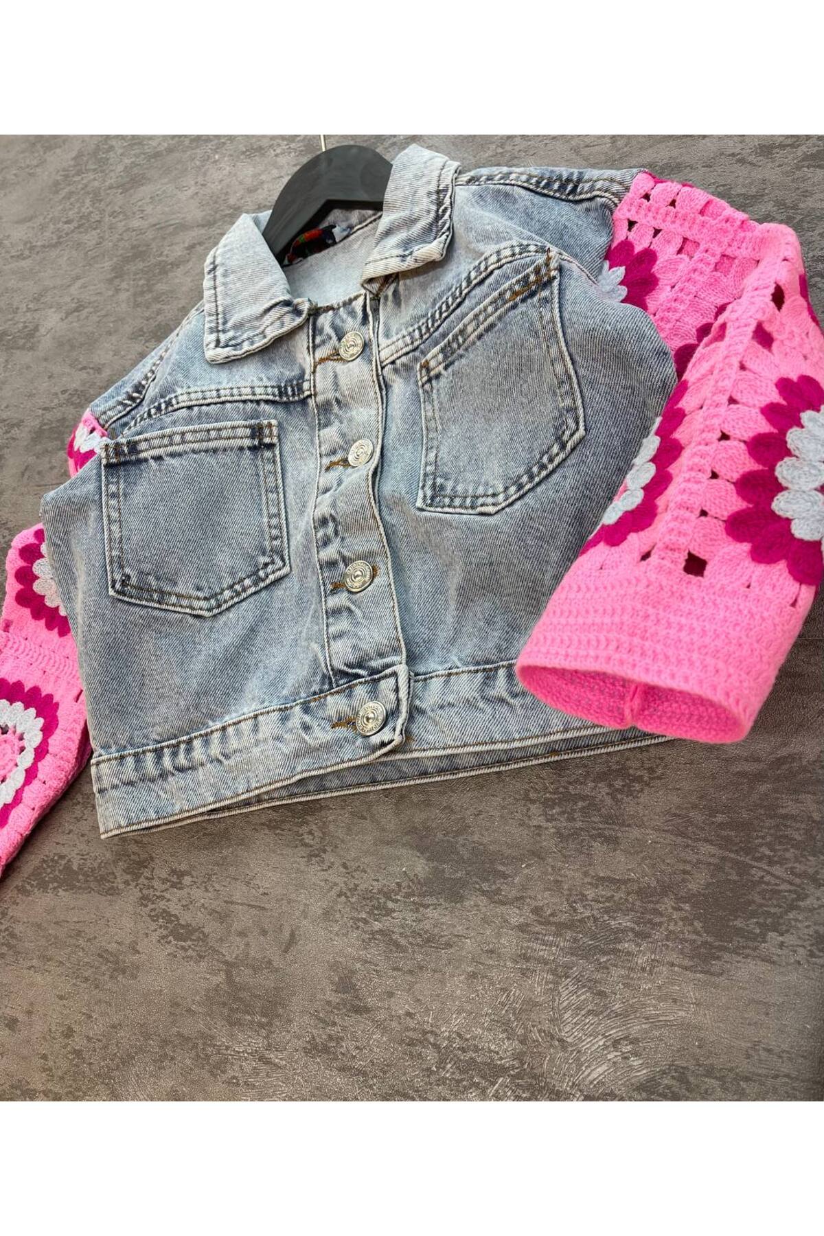Kız Çocuk Kolları Motif Detaylı Denim Alt Üst Takım