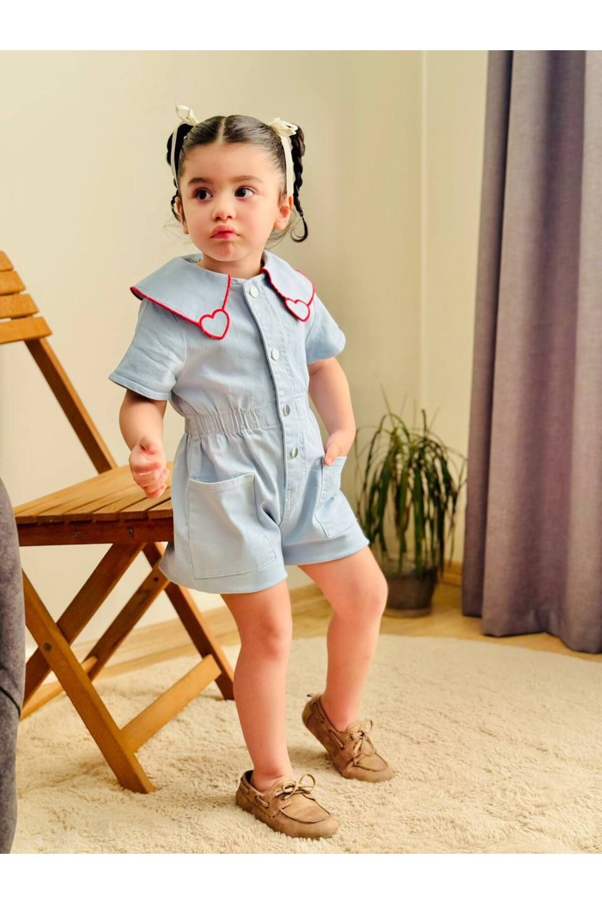 Kız Çocuk Kalpli Bebe Yaka Mavi Tulum