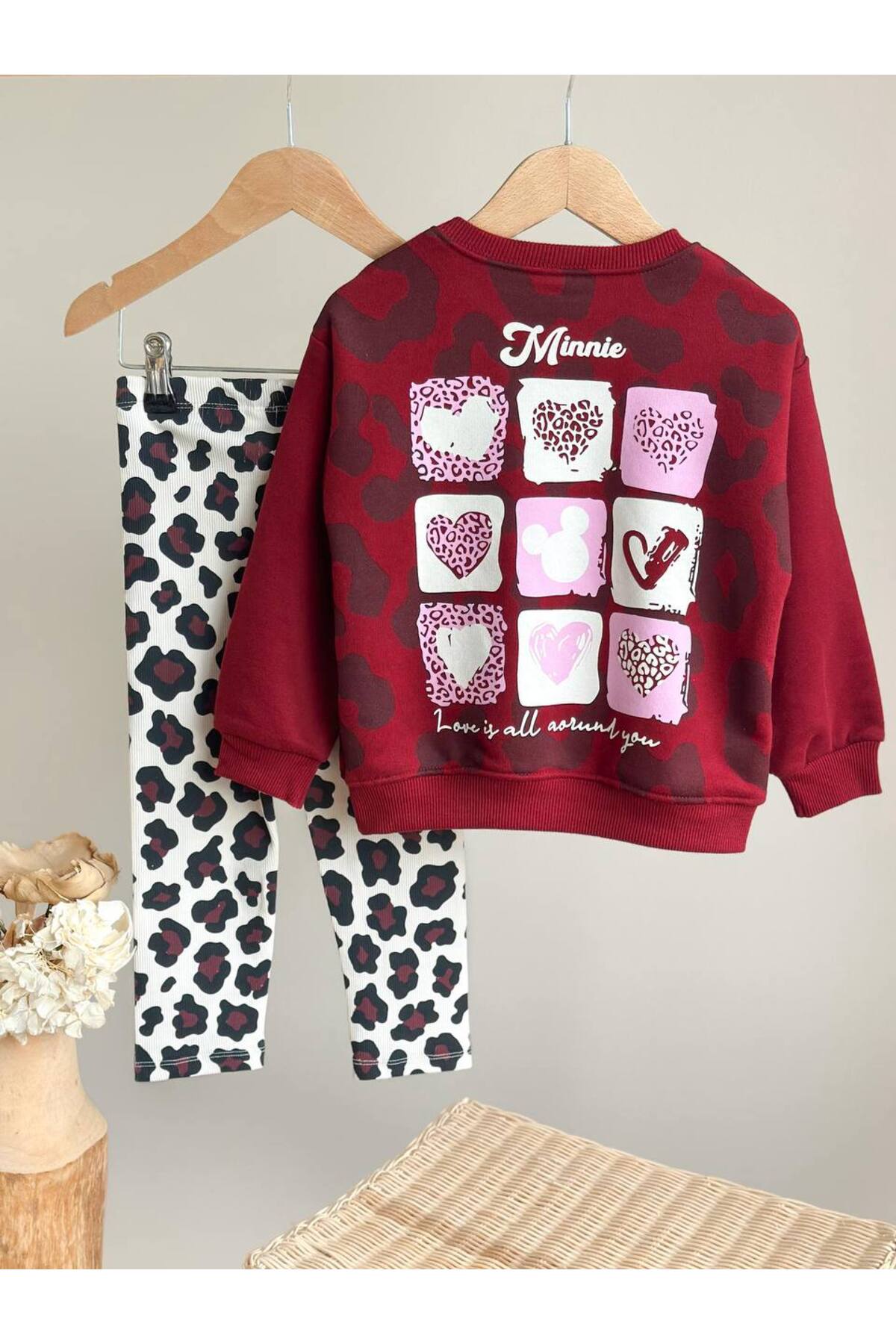 Kız Çocuk Minnie Leopar Desenli Sweathirt ve Tayt Kız Çocuk Takım