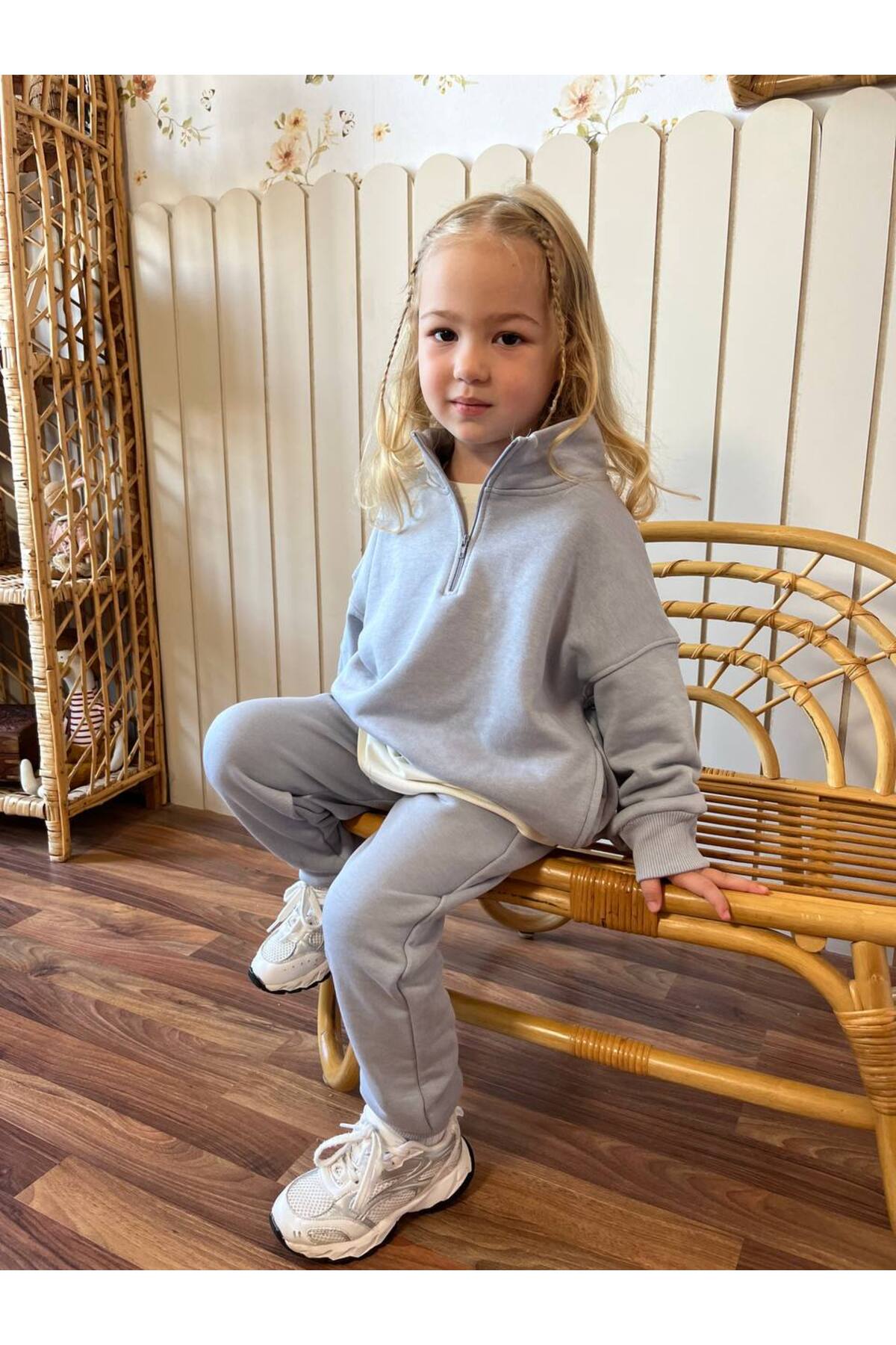Kız Çocuk Fermuarlı 3 İplik Gri Alt Üst Takım