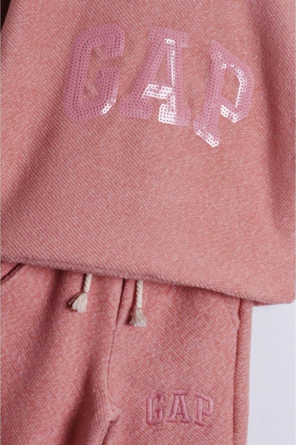 Kız Çocuk Somon Pembe Pullu GAP Baskılı Pamuklu Sweatshirt Eşofman Alt-Üst Takım