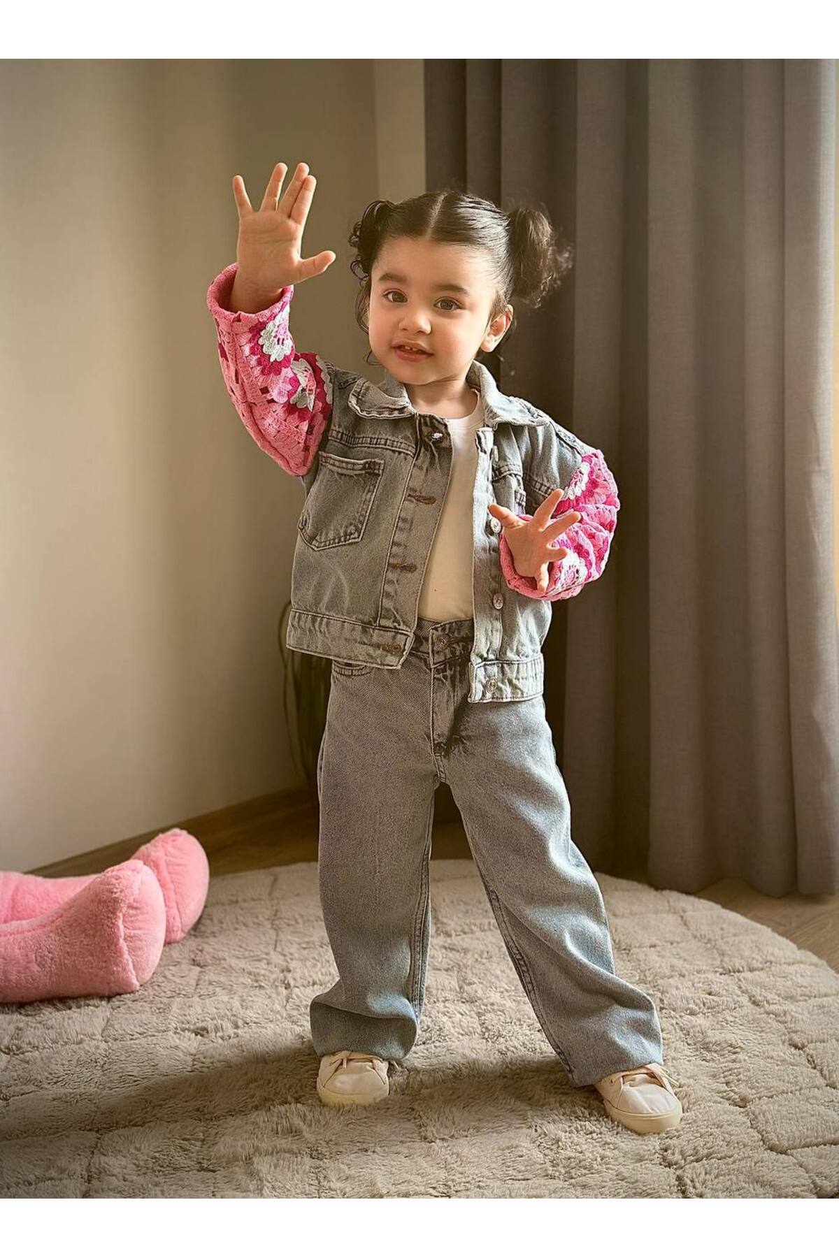 Kız Çocuk Kolları Motif Detaylı Denim Alt Üst Takım