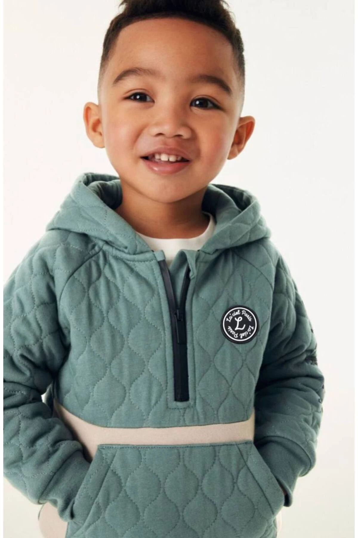 Erkek Çocuk Pamuklu Kapitone Kapüşonlu Eşofman Takımı - Yeşil Bej 