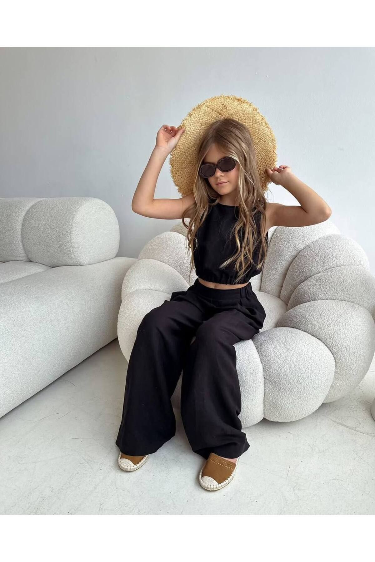 Kız Çocuk Keten Crop Pantolon Alt Üst Takım