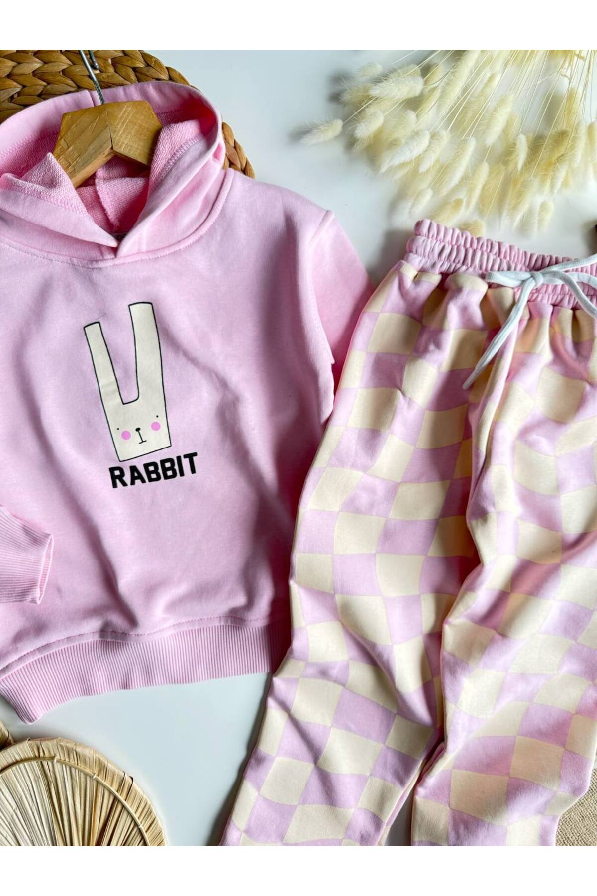 Kız Çocuk Rabbit Baskılı Pembe 3 İplik Alt Üst Takım