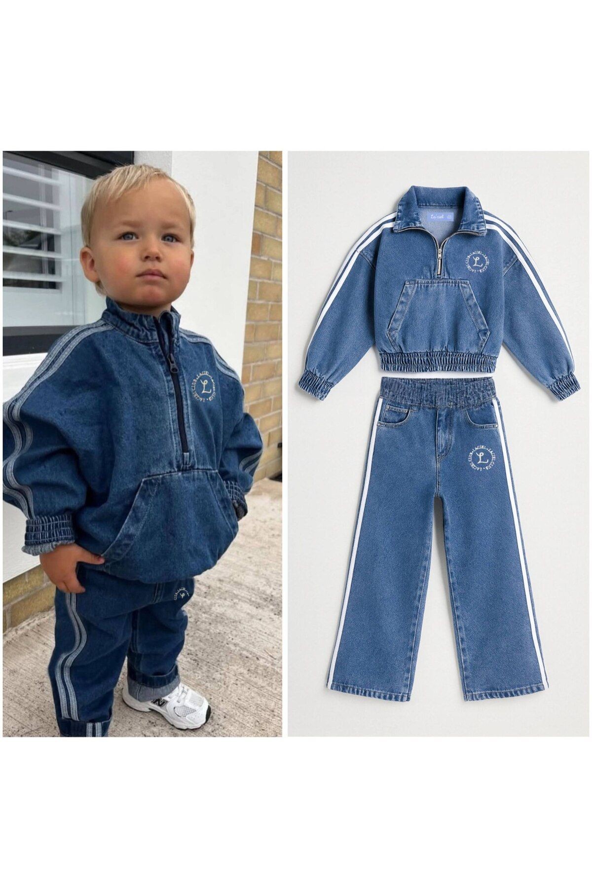 Laciel Paris Unisex Şerit Detaylı Denim Alt Üst Takım