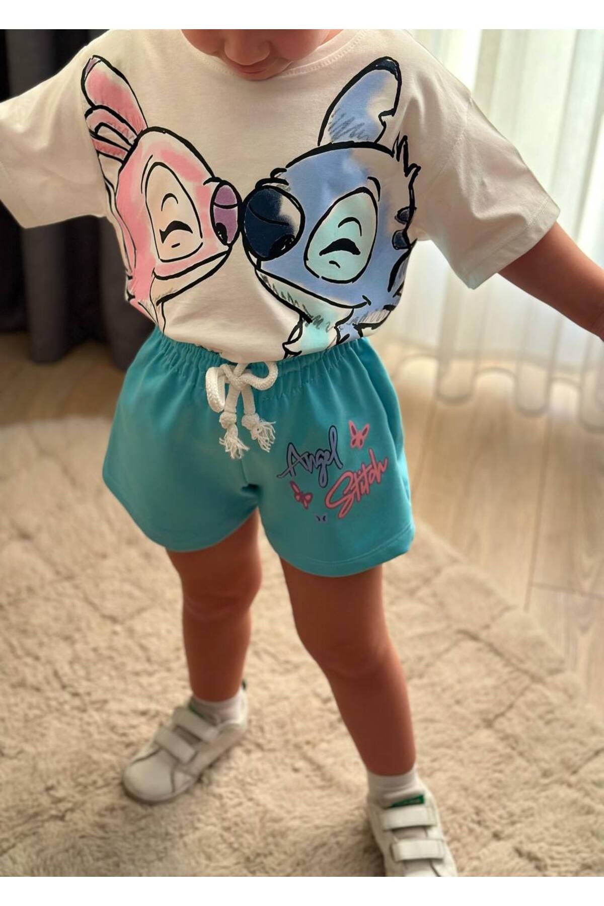 Kız Çocuk Stitch Baskılı Şortlu Alt Üst Takım
