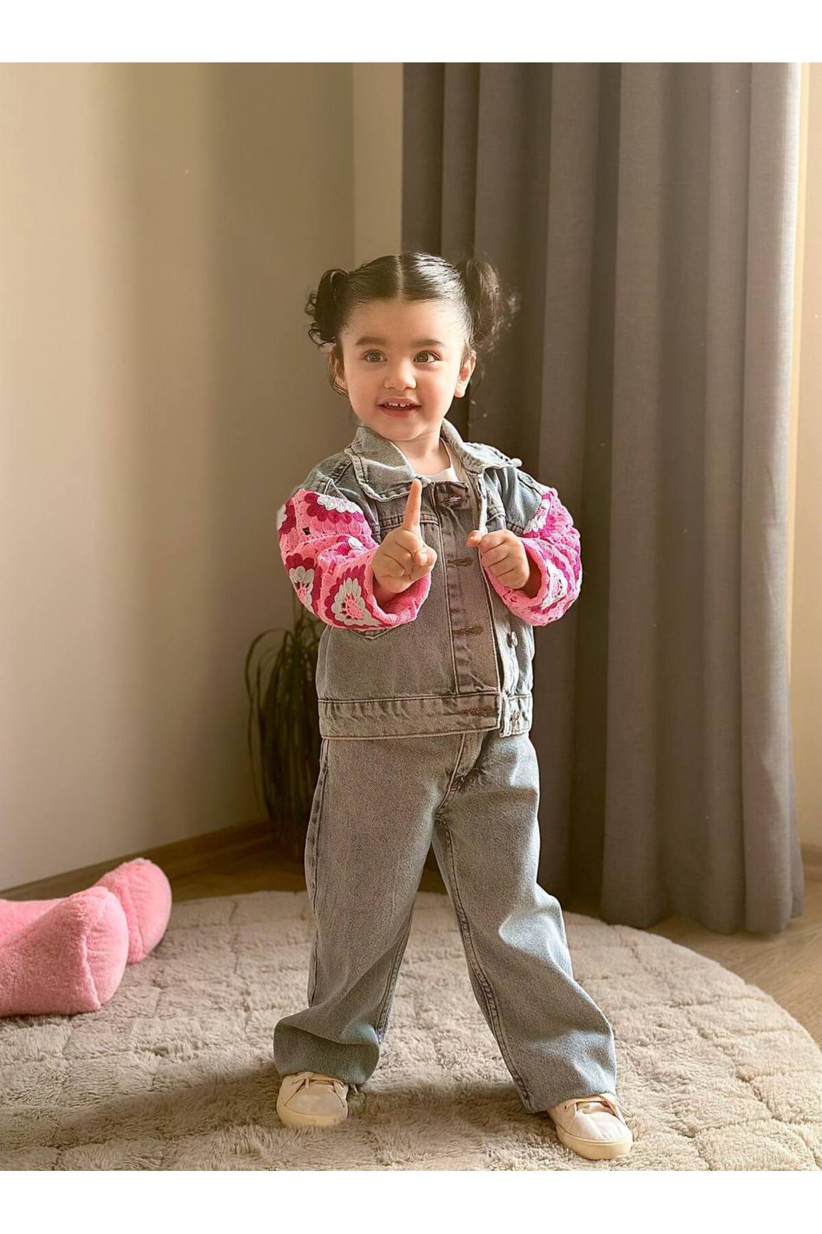 Kız Çocuk Kolları Motif Detaylı Denim Alt Üst Takım