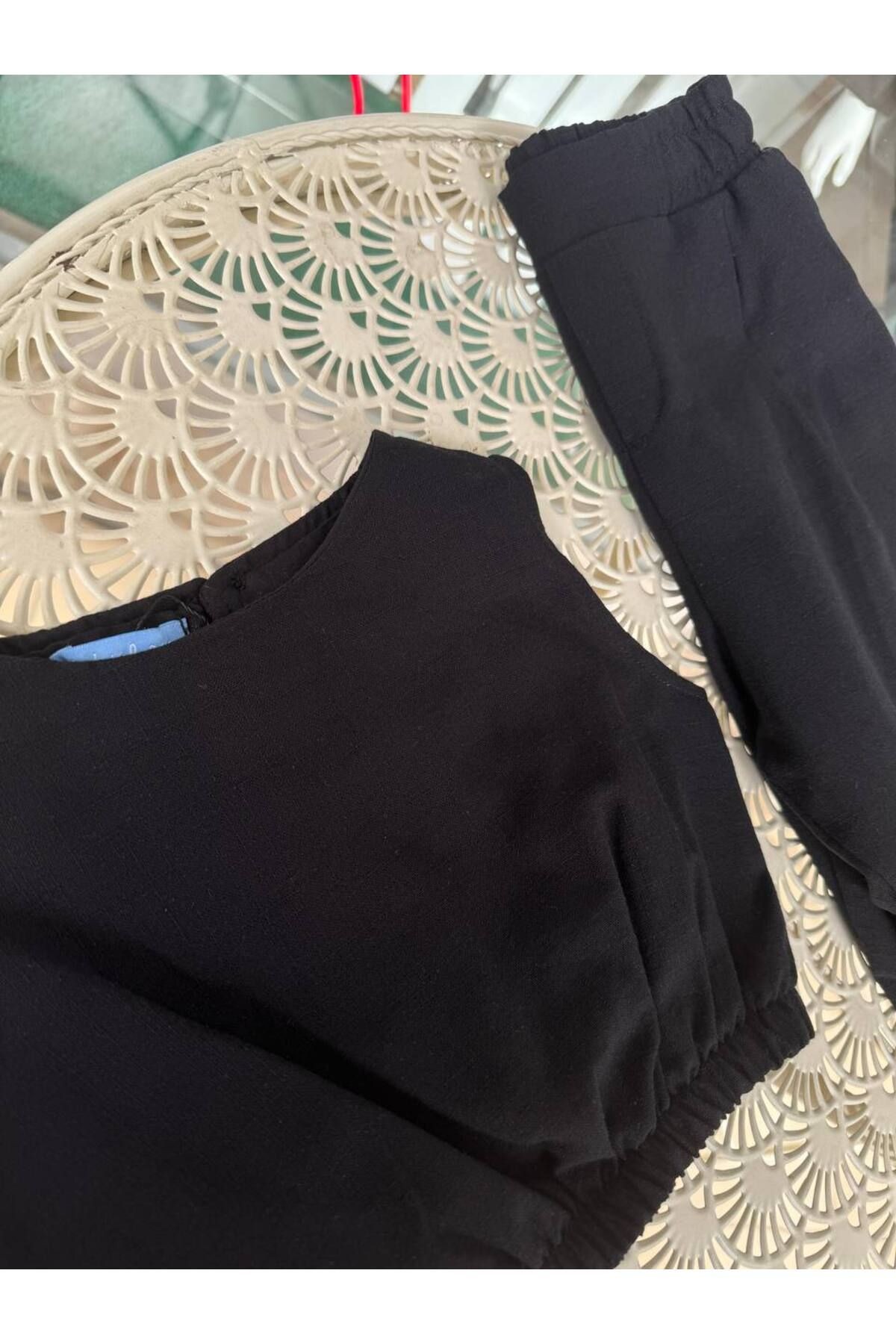 Kız Çocuk Keten Crop Pantolon Alt Üst Takım