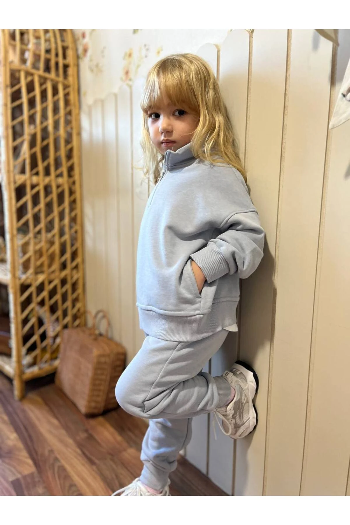 Kız Çocuk Fermuarlı 3 İplik Gri Alt Üst Takım