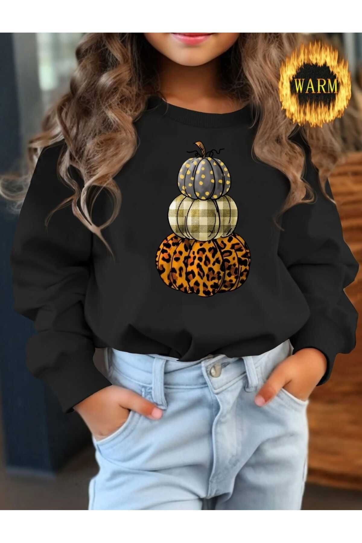 Kız Çocuk Balkabağı Baskılı Şardonlu Sweatshirt