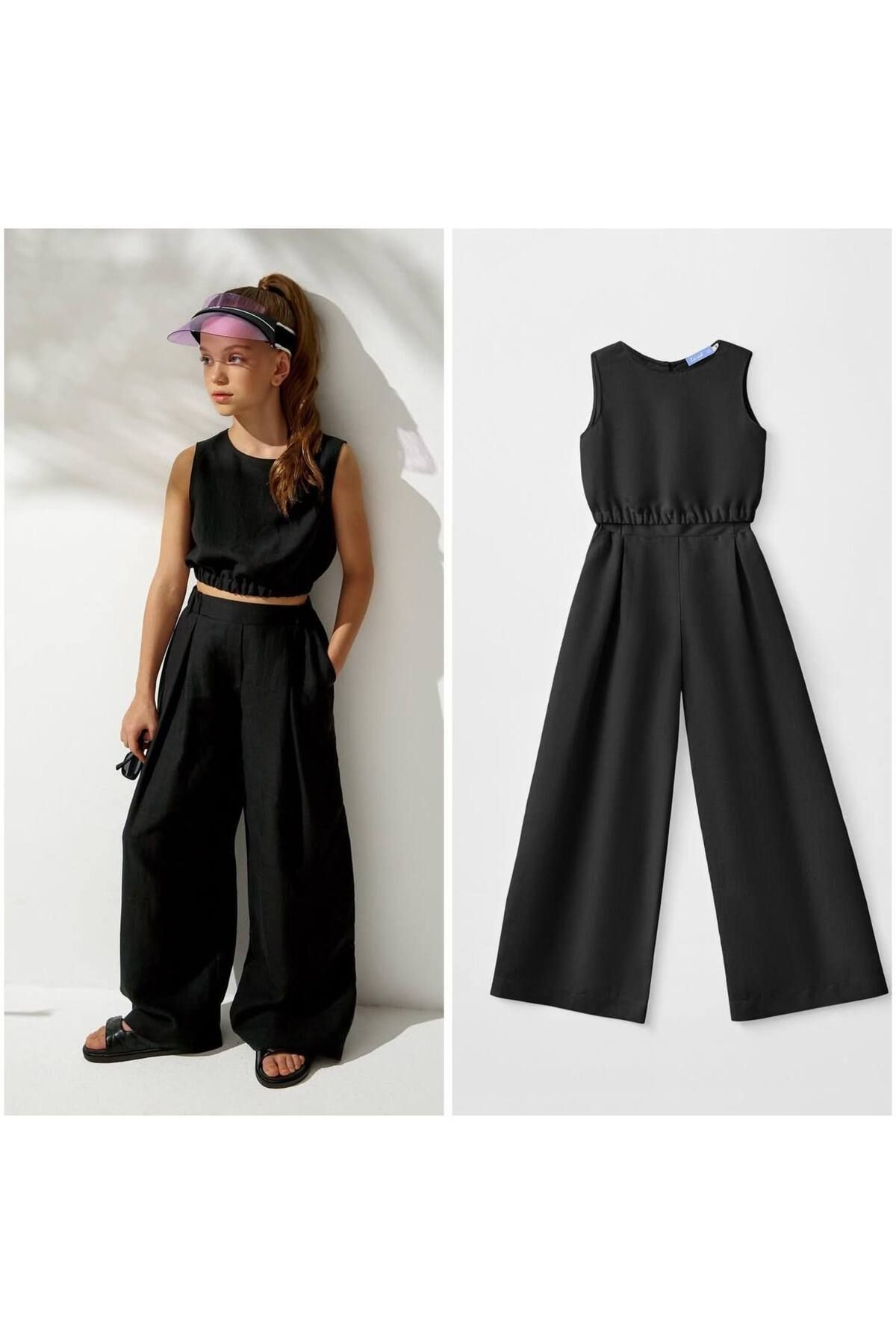 Kız Çocuk Keten Crop Pantolon Alt Üst Takım