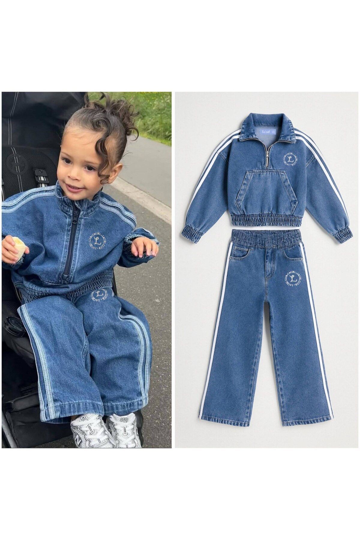 Laciel Paris Unisex Şerit Detaylı Denim Alt Üst Takım
