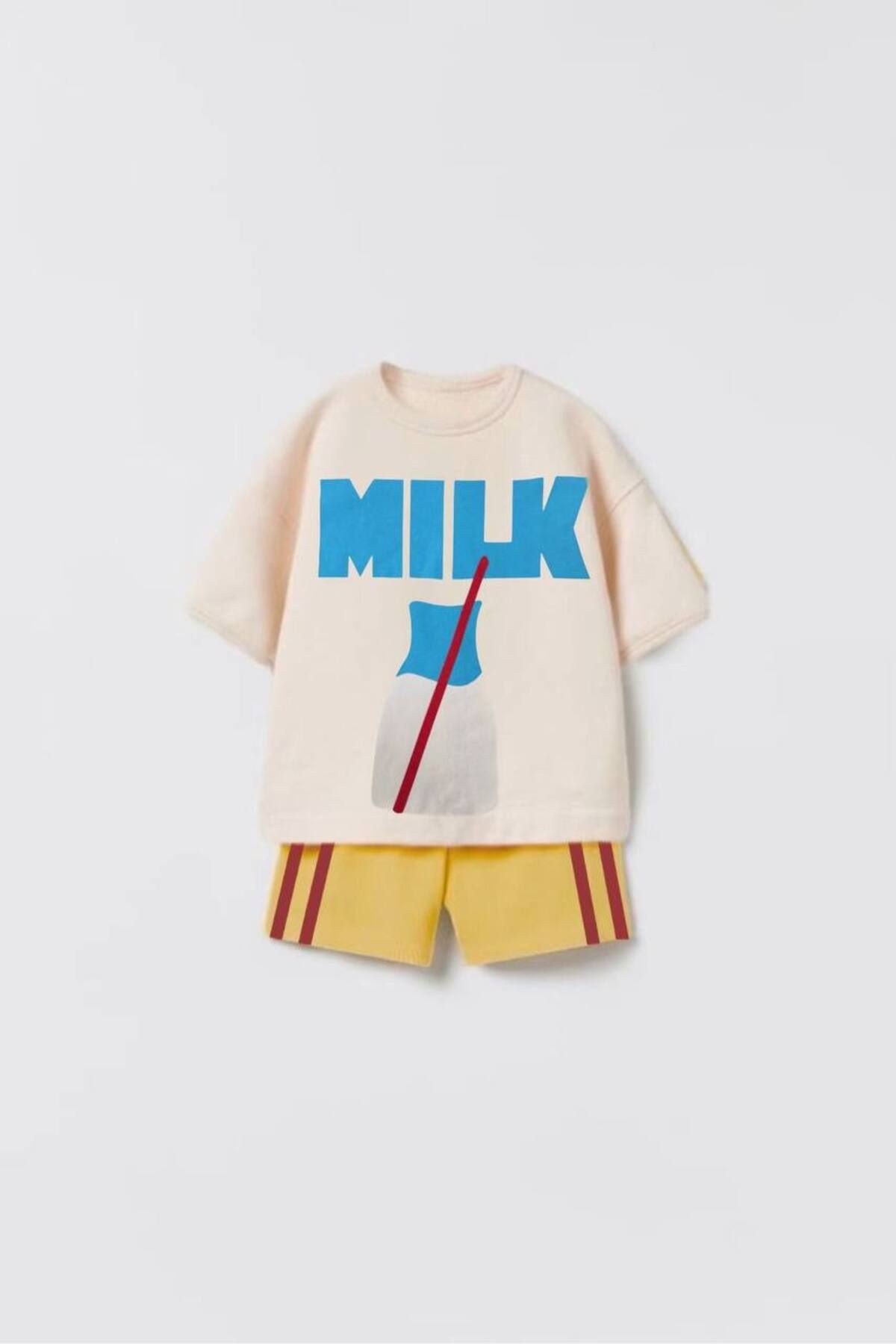 Unisex Çocuk Milk Baskılı Pamuklu Kısa Kollu Tişört ve Şort Takımı