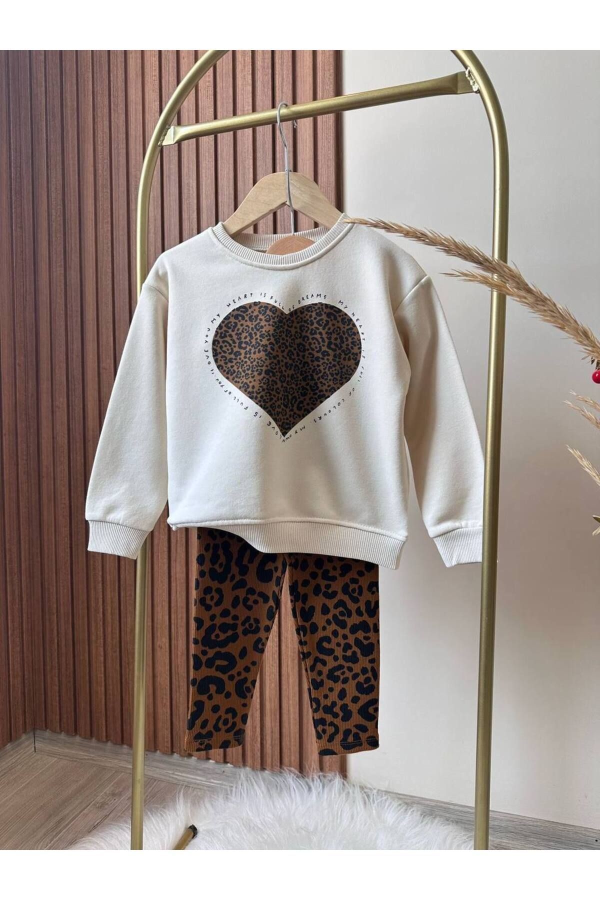 3 İplik Kumaş Leoparlı Sweatshirt Ve Tayt Alt Üst Takım