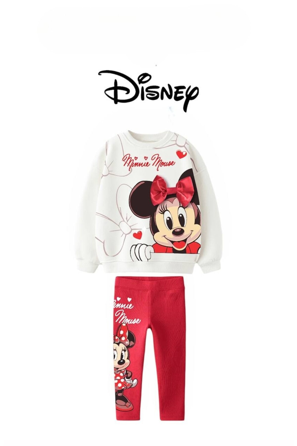 Kız Çocuk Pamuklu Kırmızı Minnie Temalı Takım - Fiyonklu T-shirt ve Tayt