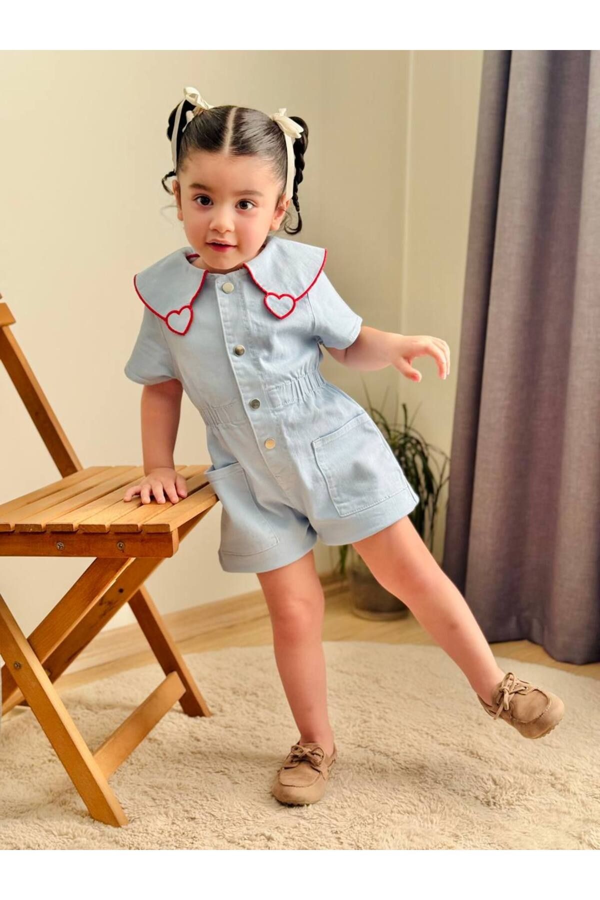 Kız Çocuk Kalpli Bebe Yaka Mavi Tulum