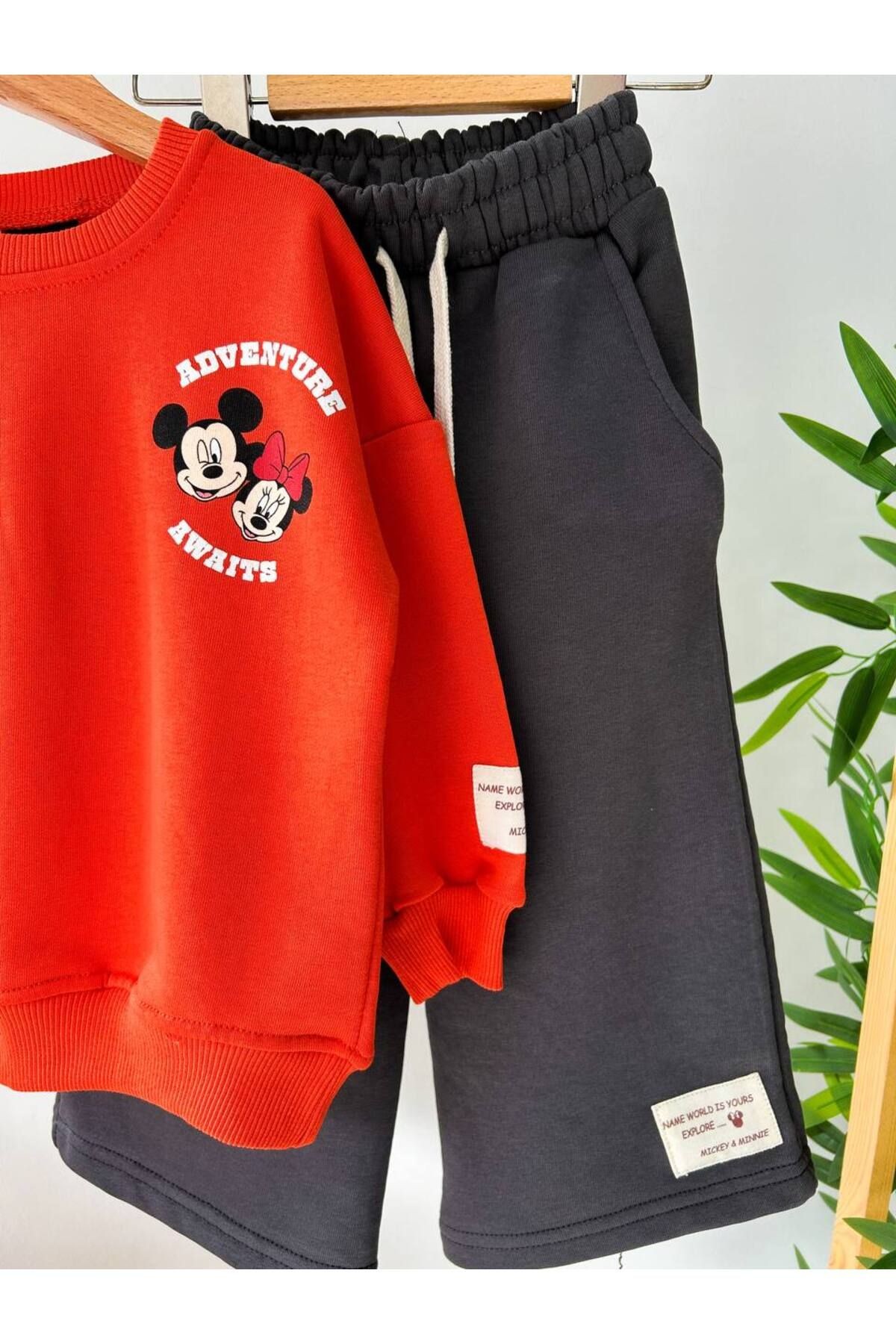 Kız Çocuk Kırmızı Mickey Mouse Desenli 3 iplik Kışlık Pamuklu Sweatshirt Geniş Eşofman Alt-Üst Takım