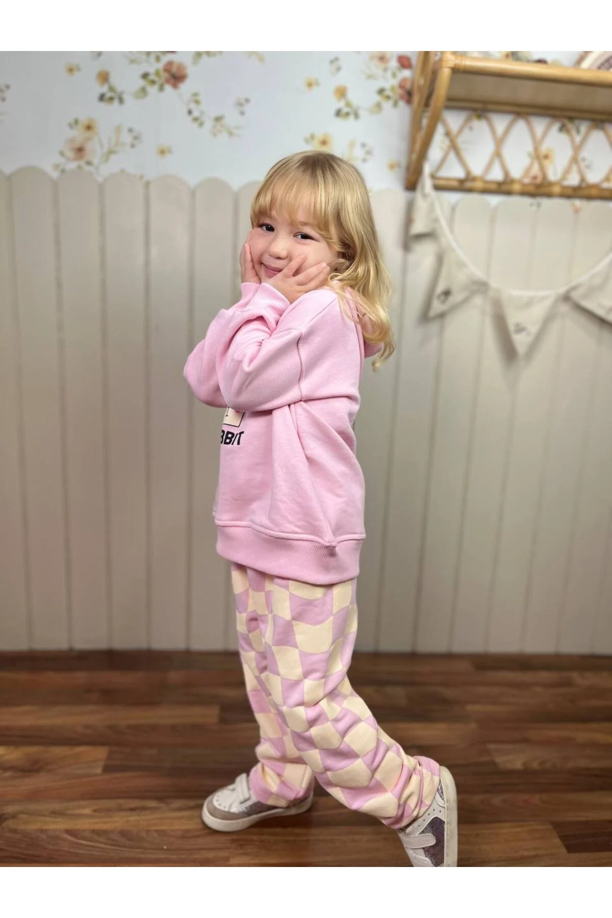 Kız Çocuk Rabbit Baskılı Pembe 3 İplik Alt Üst Takım