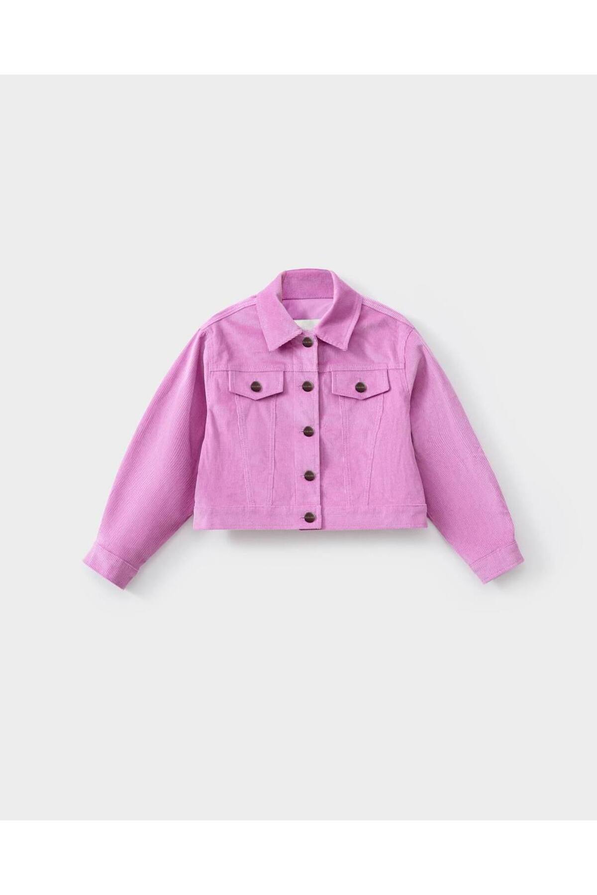 Kız Çocuk Pamuklu Fuşya Ceketli Etek Takım - Düğme Detaylı Crop Ceket