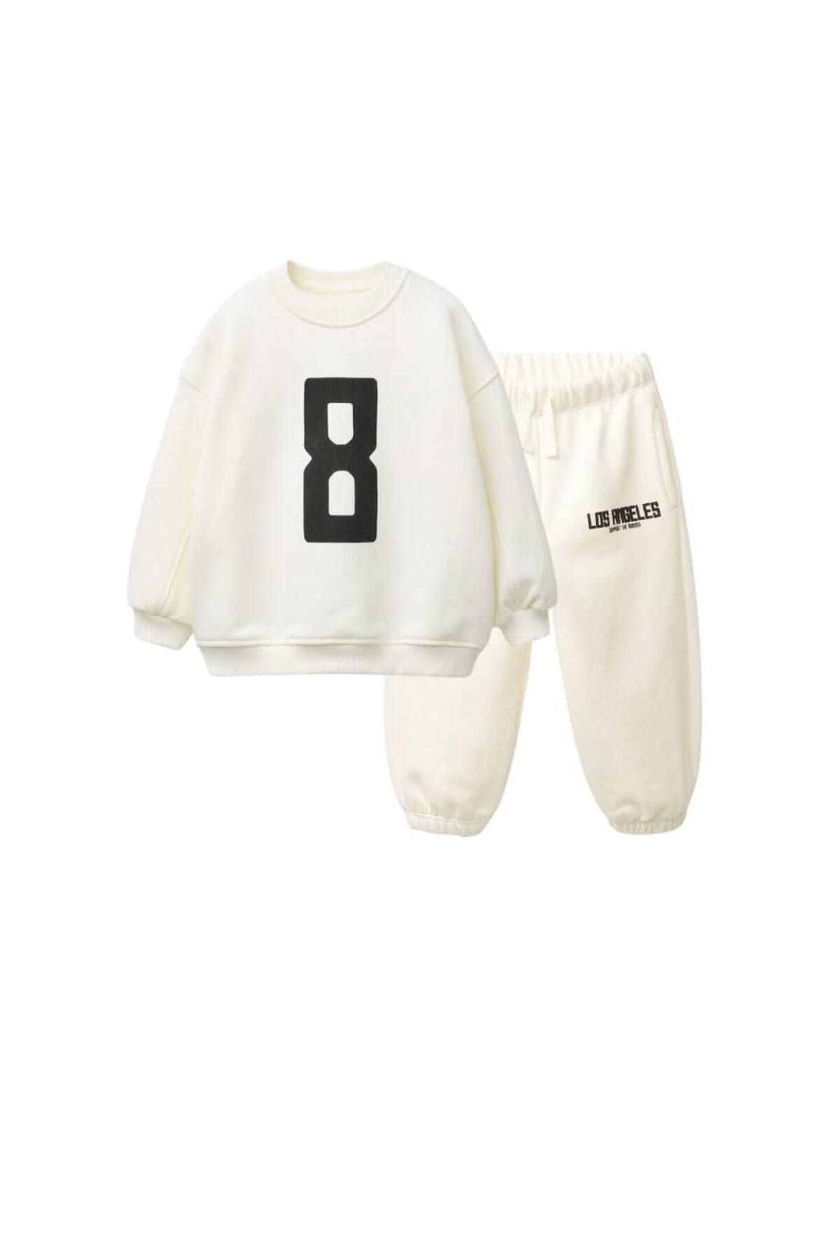 Erkek Çocuk Pamuklu Ekru 8 Los Angeles Baskılı Sweatshirt ve Eşofman Alt Takım