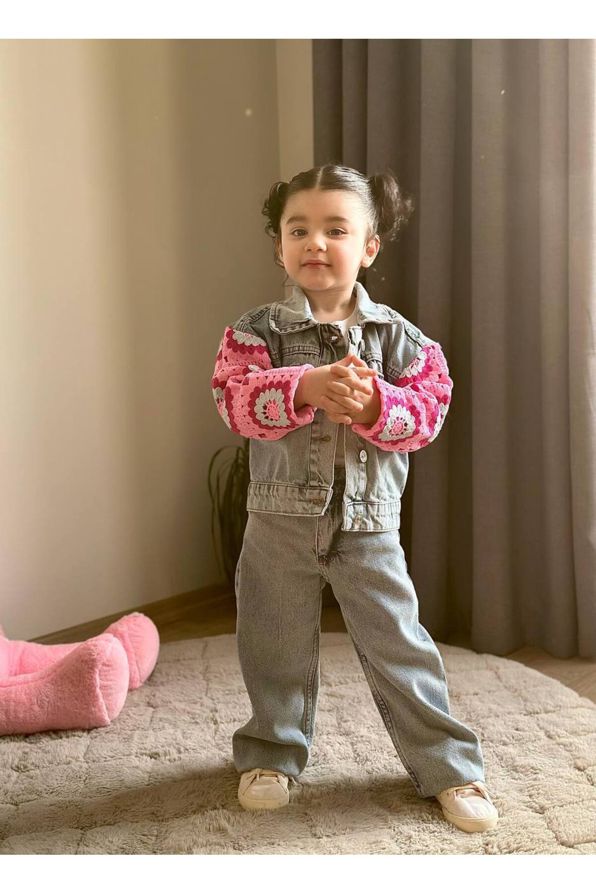 Kız Çocuk Kolları Motif Detaylı Denim Alt Üst Takım