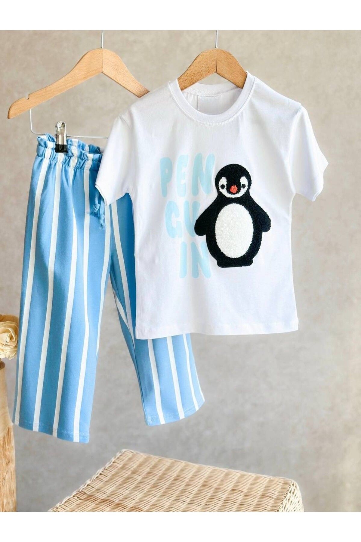 Unisex Suzene Nakışlı Penguen Detaylı Alt Üst Takım