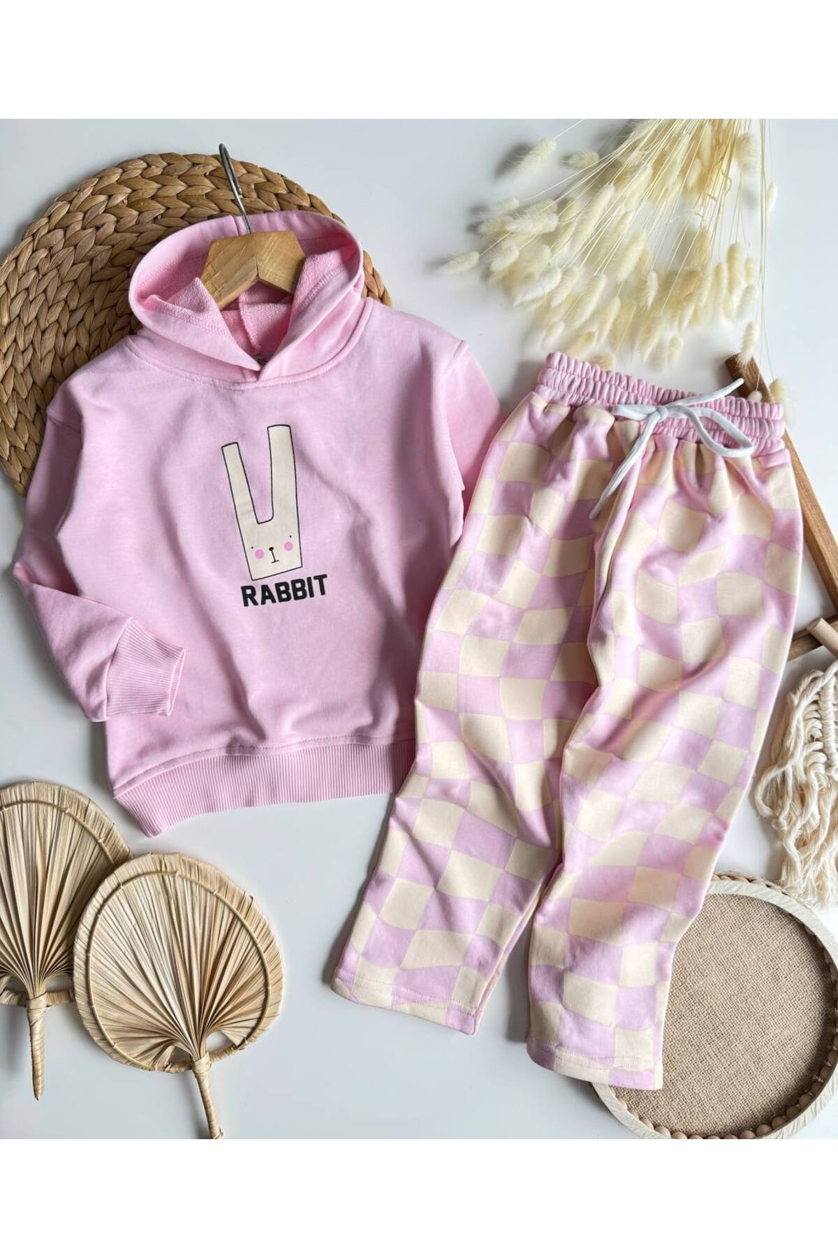 Kız Çocuk Rabbit Baskılı Pembe 3 İplik Alt Üst Takım
