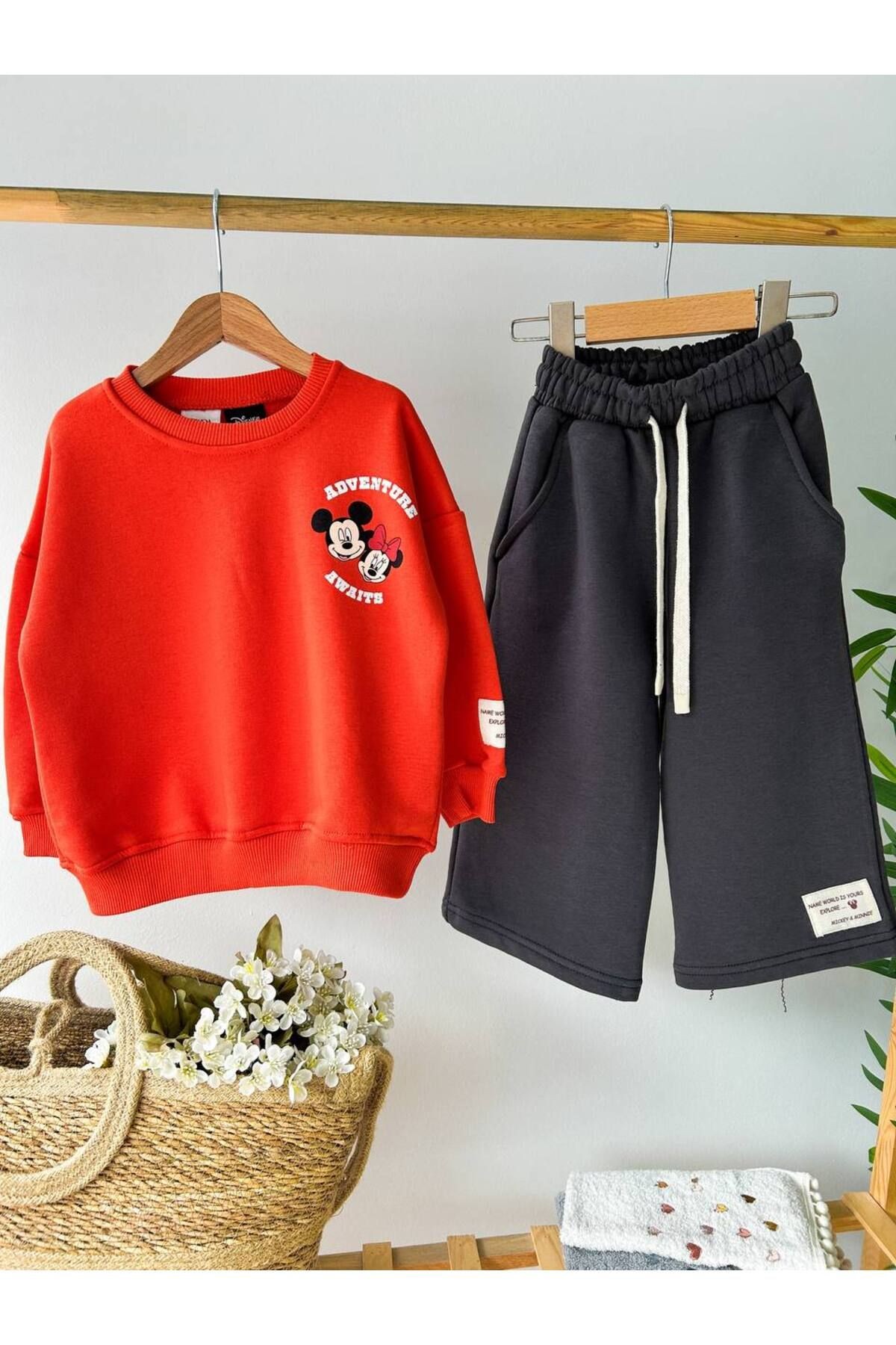 Kız Çocuk Kırmızı Mickey Mouse Desenli 3 iplik Kışlık Pamuklu Sweatshirt Geniş Eşofman Alt-Üst Takım