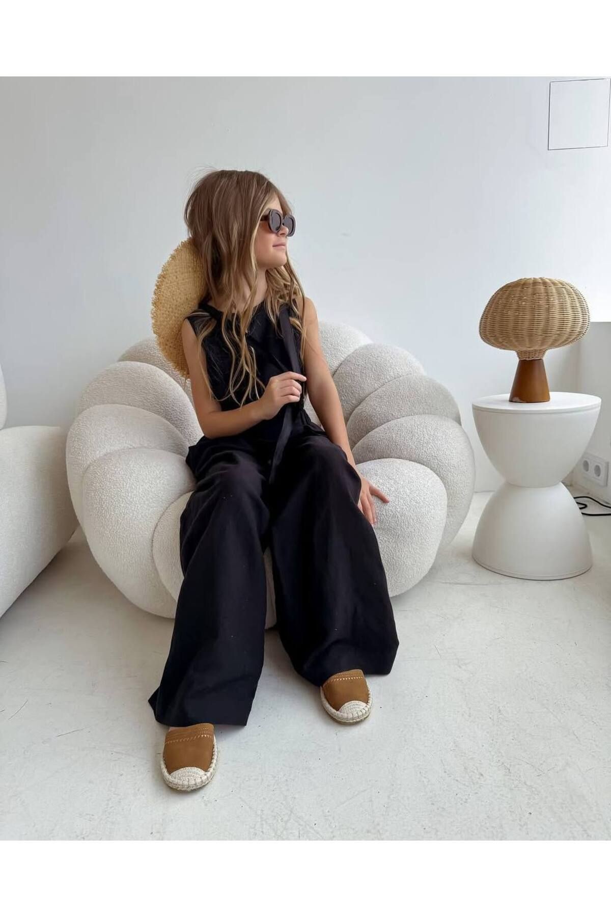 Kız Çocuk Keten Crop Pantolon Alt Üst Takım