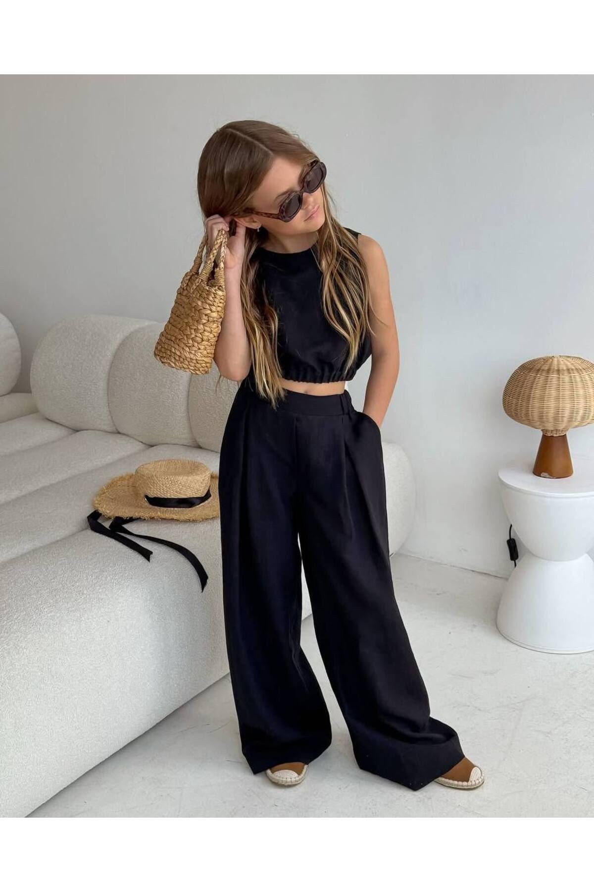 Kız Çocuk Keten Crop Pantolon Alt Üst Takım