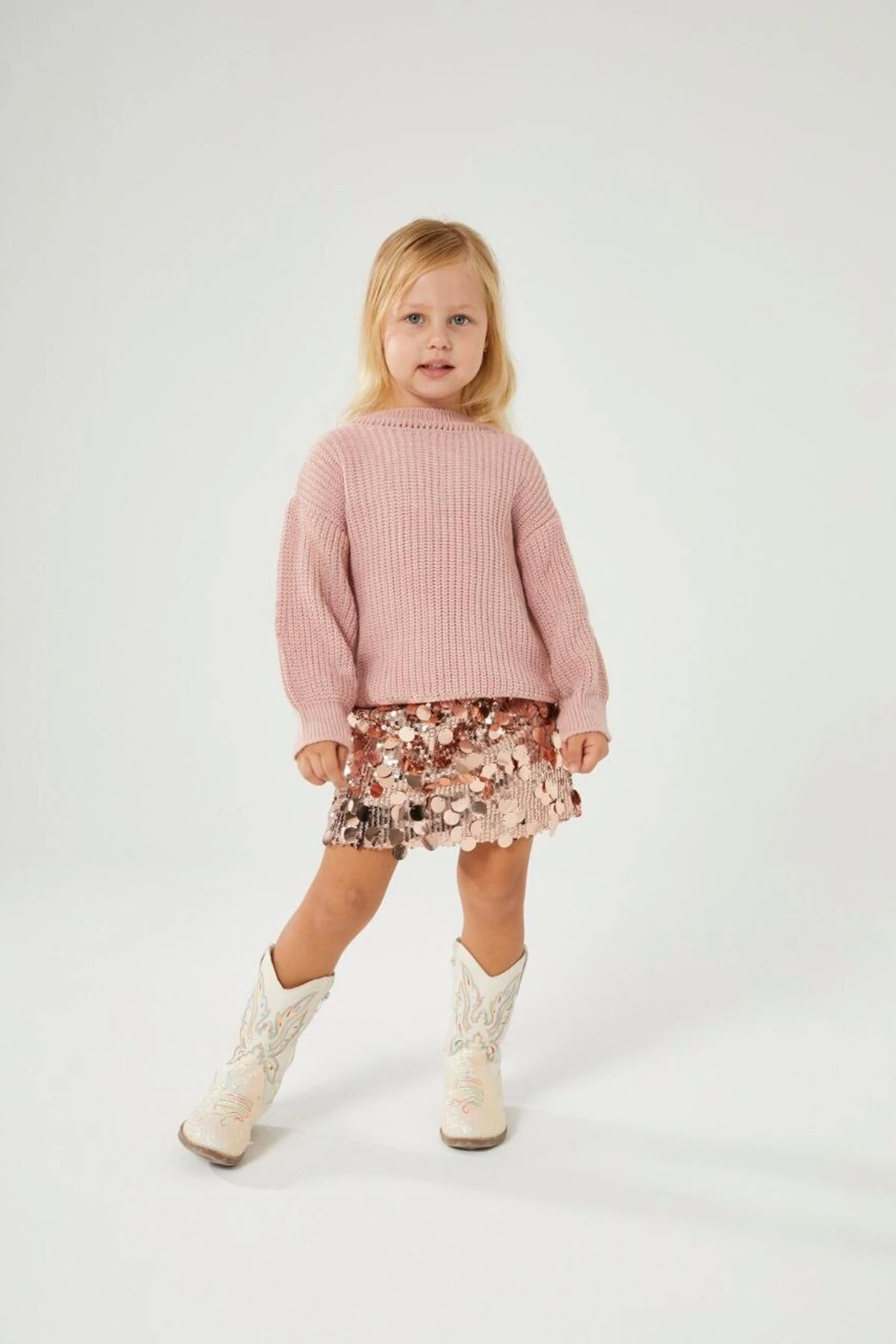 Kız Çocuk Payet Etekli Pembe Triko Kazaklı Alt Üst Takım