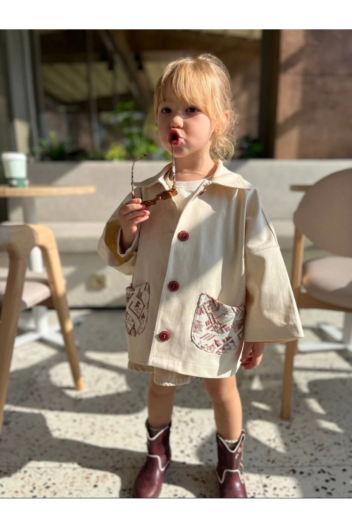 Kız Çocuk Bohem Jakar Cepli Simli Gabardin Ceket