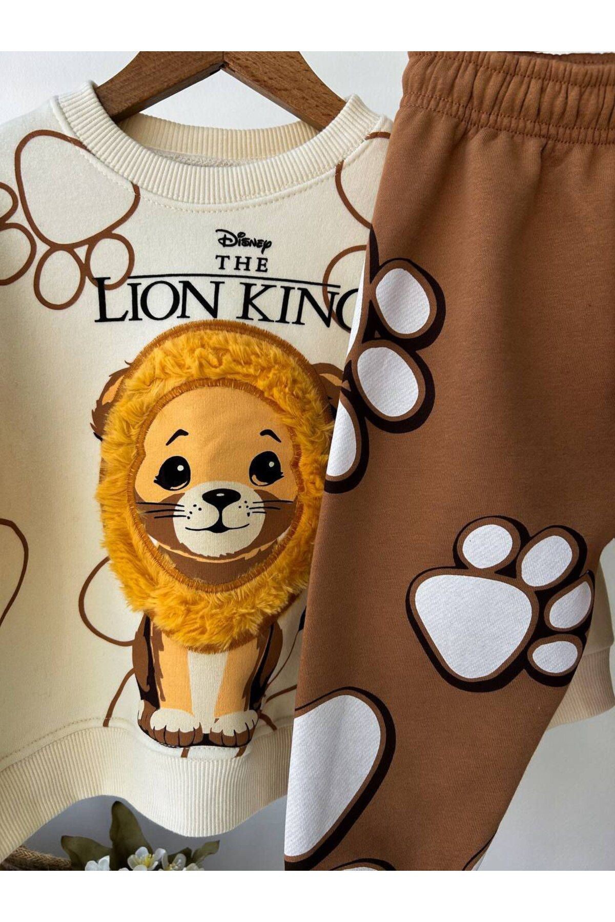 Erkek Çocuk 3 İplik Pamuklu Lion King Baskılı Sweatshirt Alt Üst Takım