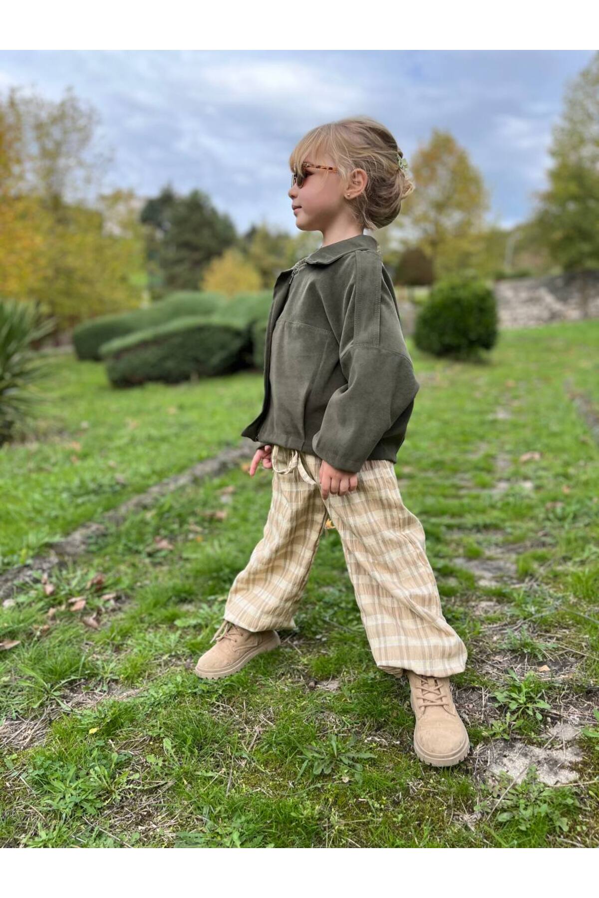 Kız Çocuk Süet Görünümlü Bomber Haki Ceket