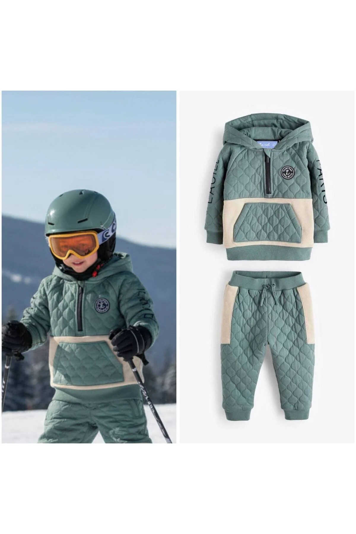 Erkek Çocuk Pamuklu Kapitone Kapüşonlu Eşofman Takımı - Yeşil Bej 