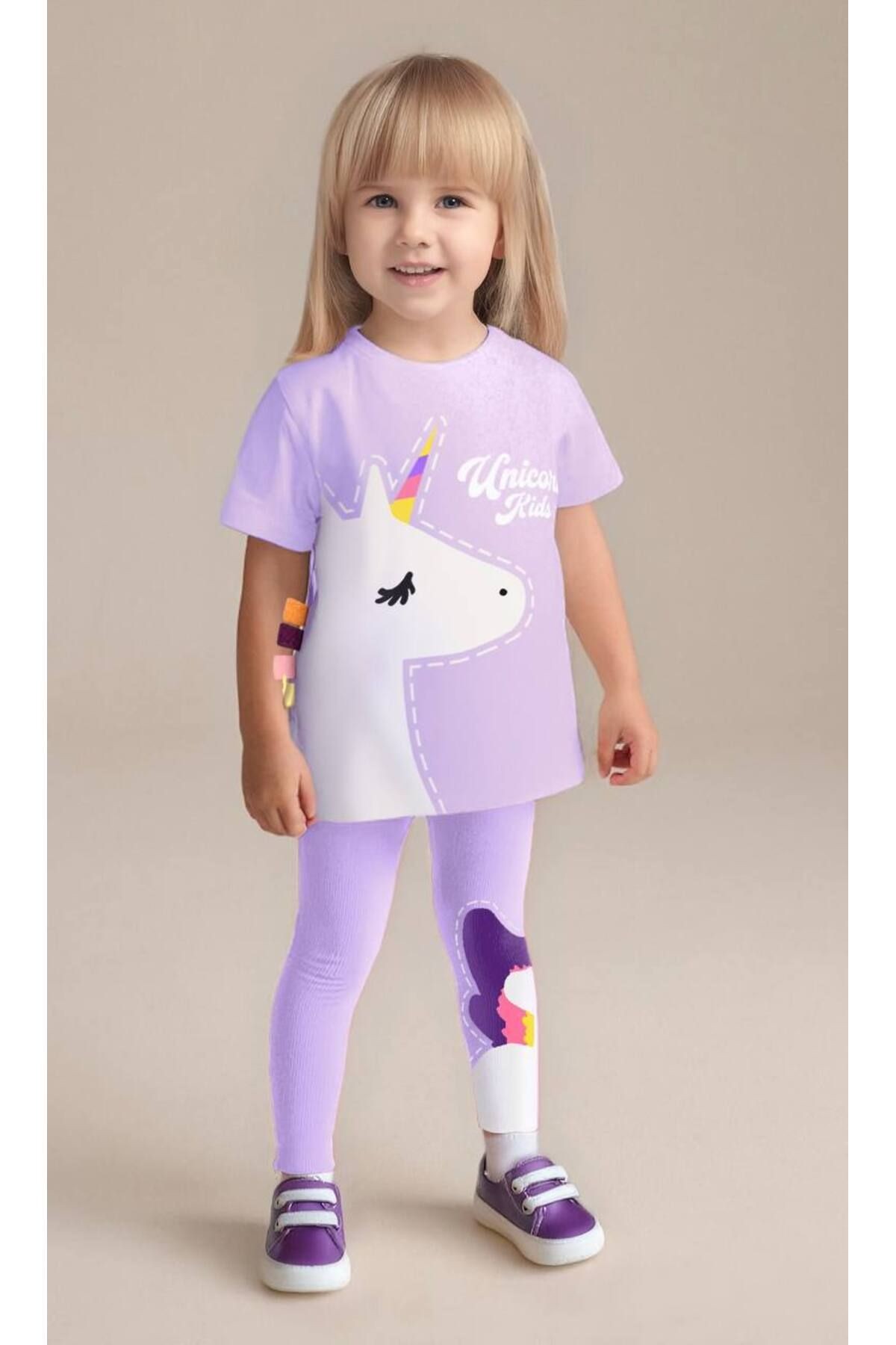 Kız Çocuk Pamuklu Unicorn Desenli Takım - Unicorn Sloganlı