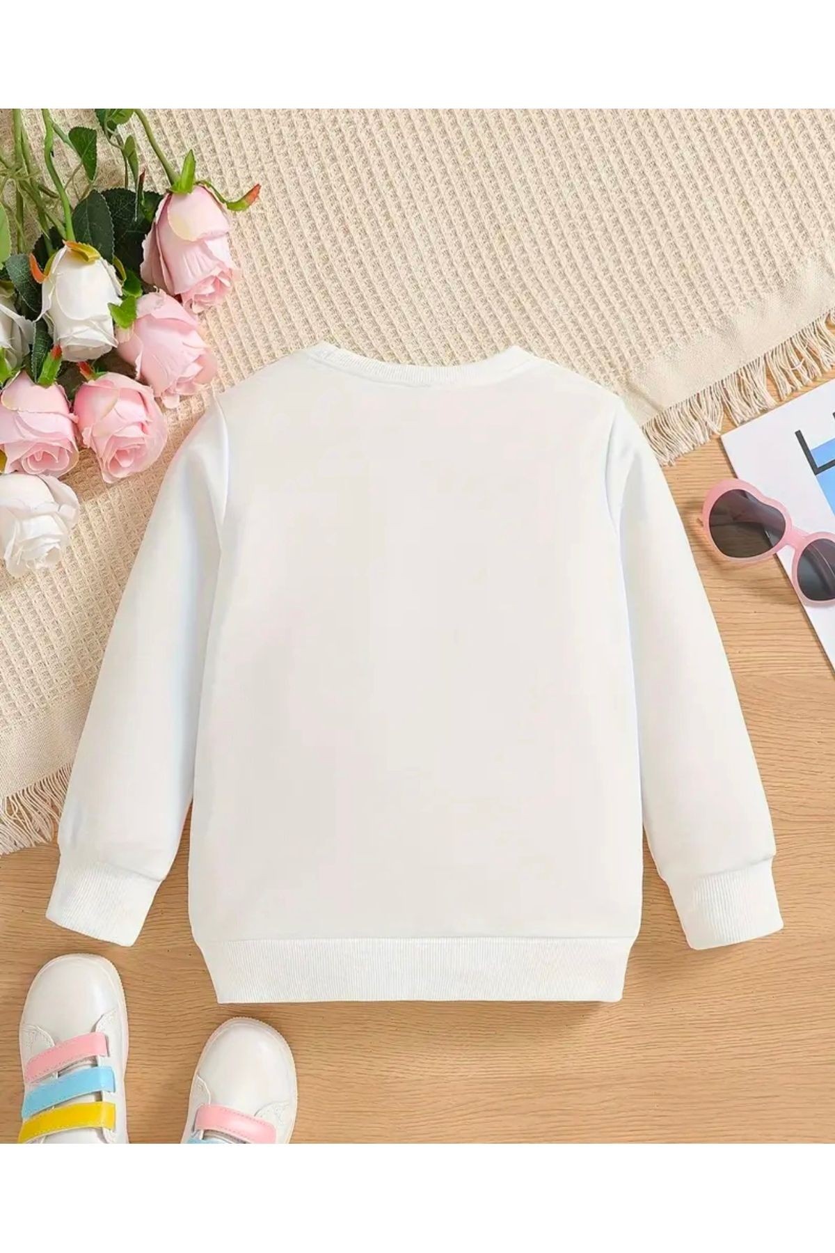 Kız Çocuk Yeni YIL Temalı Bisiklet Yaka Beyaz Oversize Sweatshirt