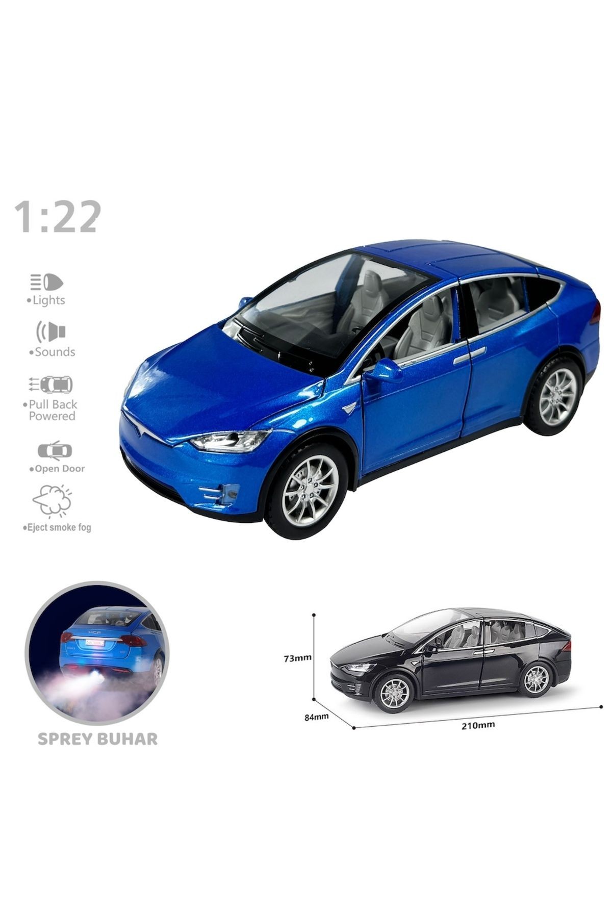 Buhar Çıkartma Özellikli Metal Araba Tesla Çek Bırak 1:22 Sesli Ve Işıklı Araba Oyuncak Mavi