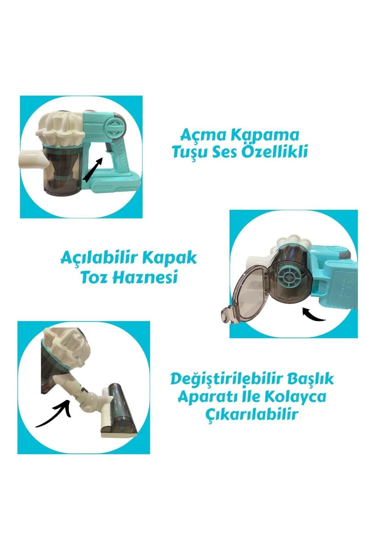 Çekme Özellikli Pilli Sesli Oyuncak Süpürge 75cm Dikey Elektrik Süpürgesi  Model (3 in1 ) MAVİ