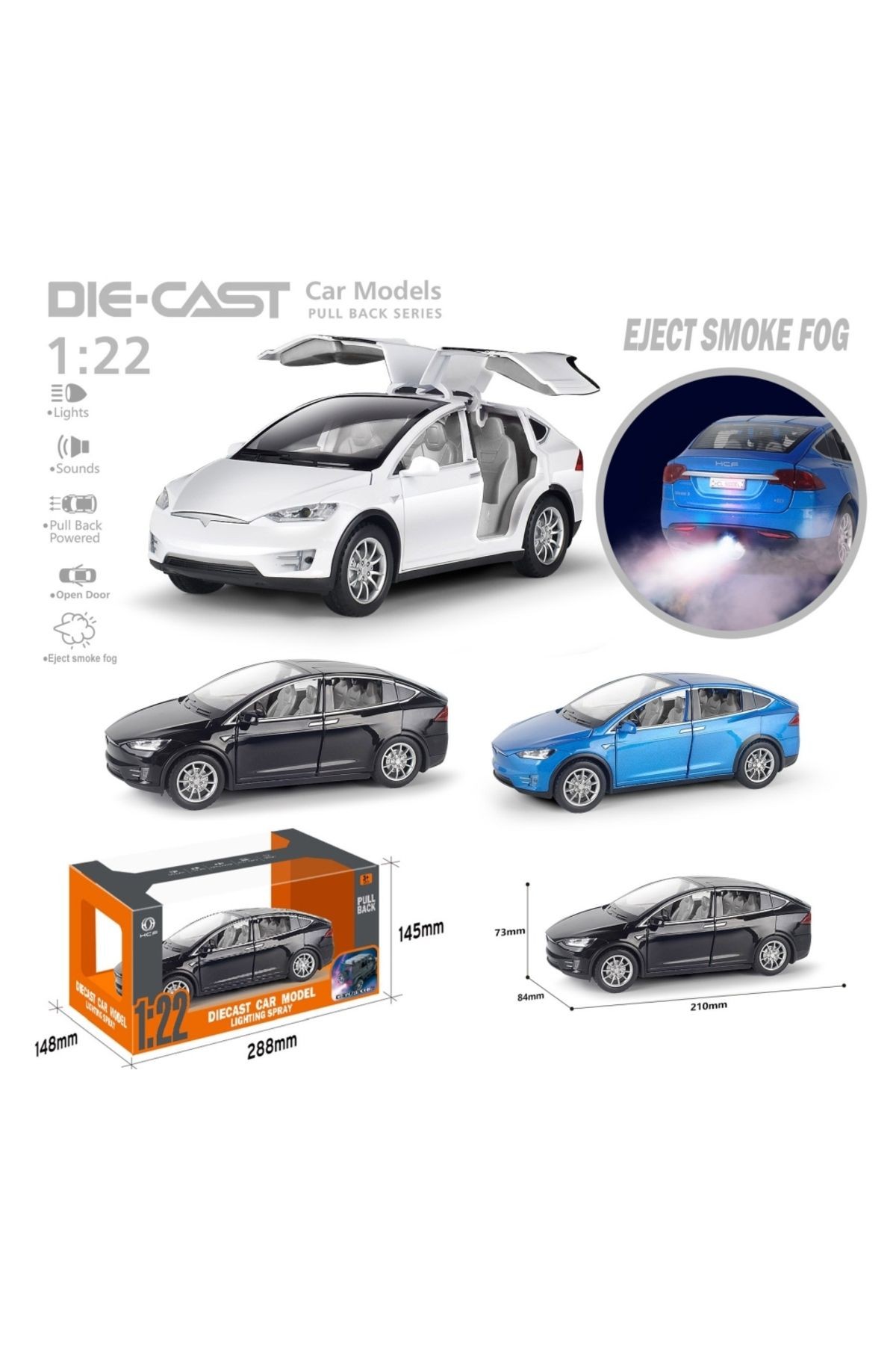 Buhar Çıkartma Özellikli Metal Araba Tesla Çek Bırak 1:22 Sesli Ve Işıklı Araba Oyuncak Beyaz