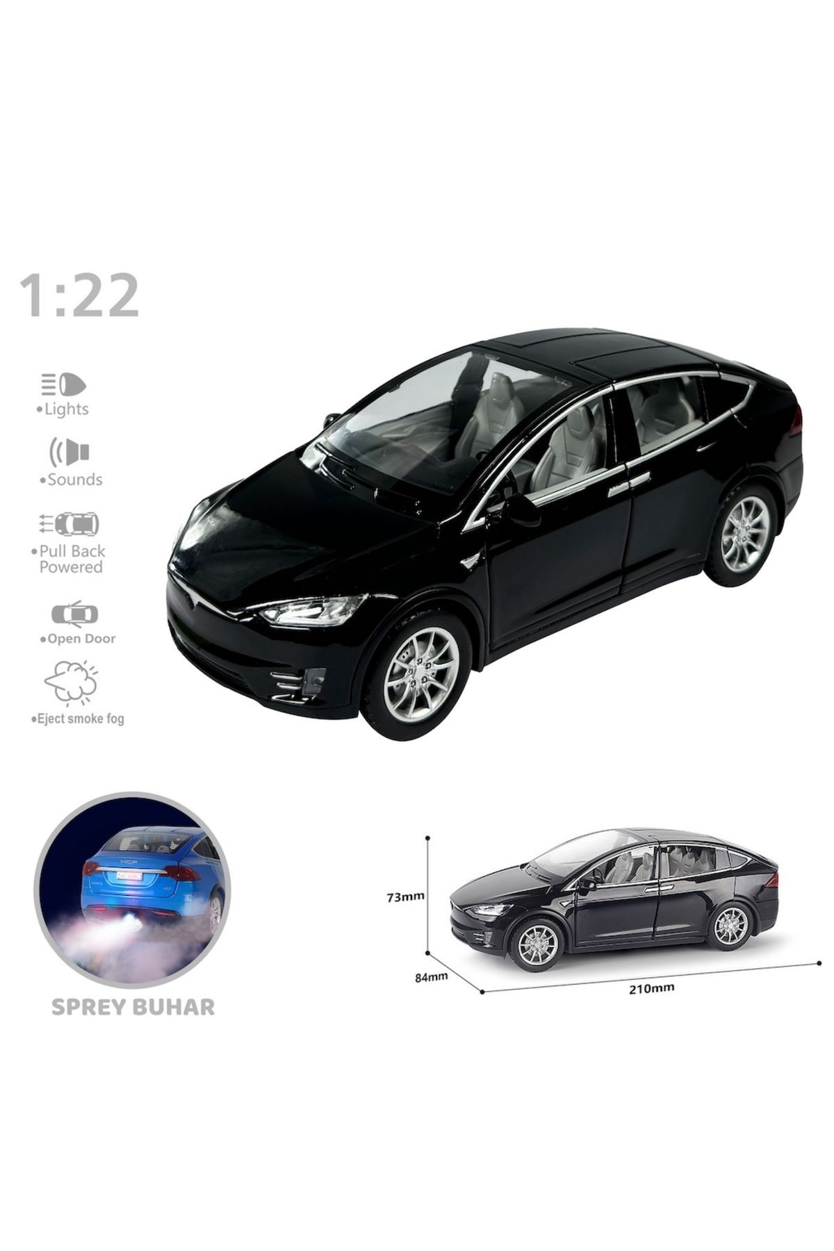 Buhar Çıkartma Özellikli Metal Araba Tesla Çek Bırak 1:22 Sesli Ve Işıklı Araba Oyuncak Siyah