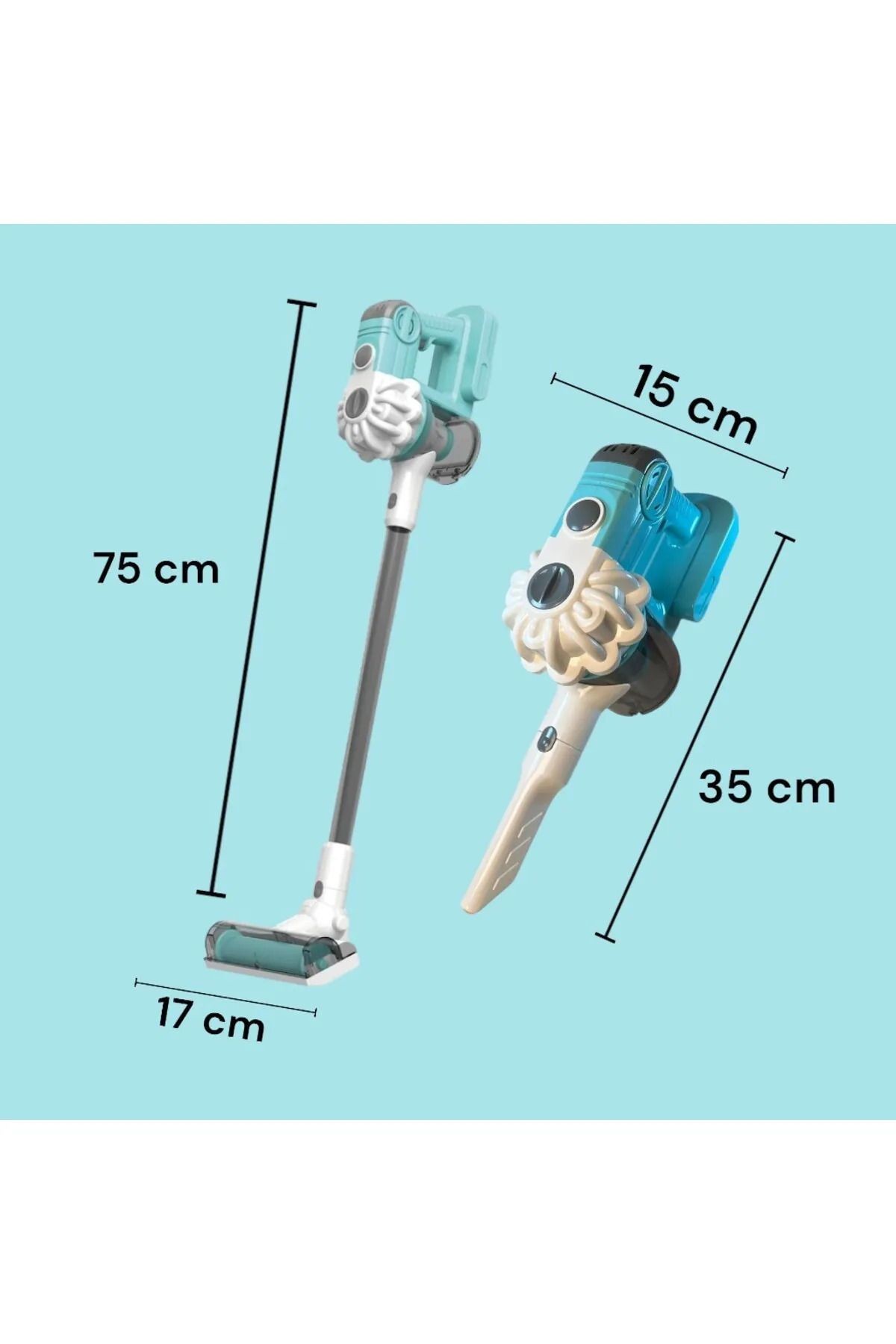 Çekme Özellikli Pilli Sesli Oyuncak Süpürge 75cm Dikey Elektrik Süpürgesi  Model (3 in1 ) MAVİ