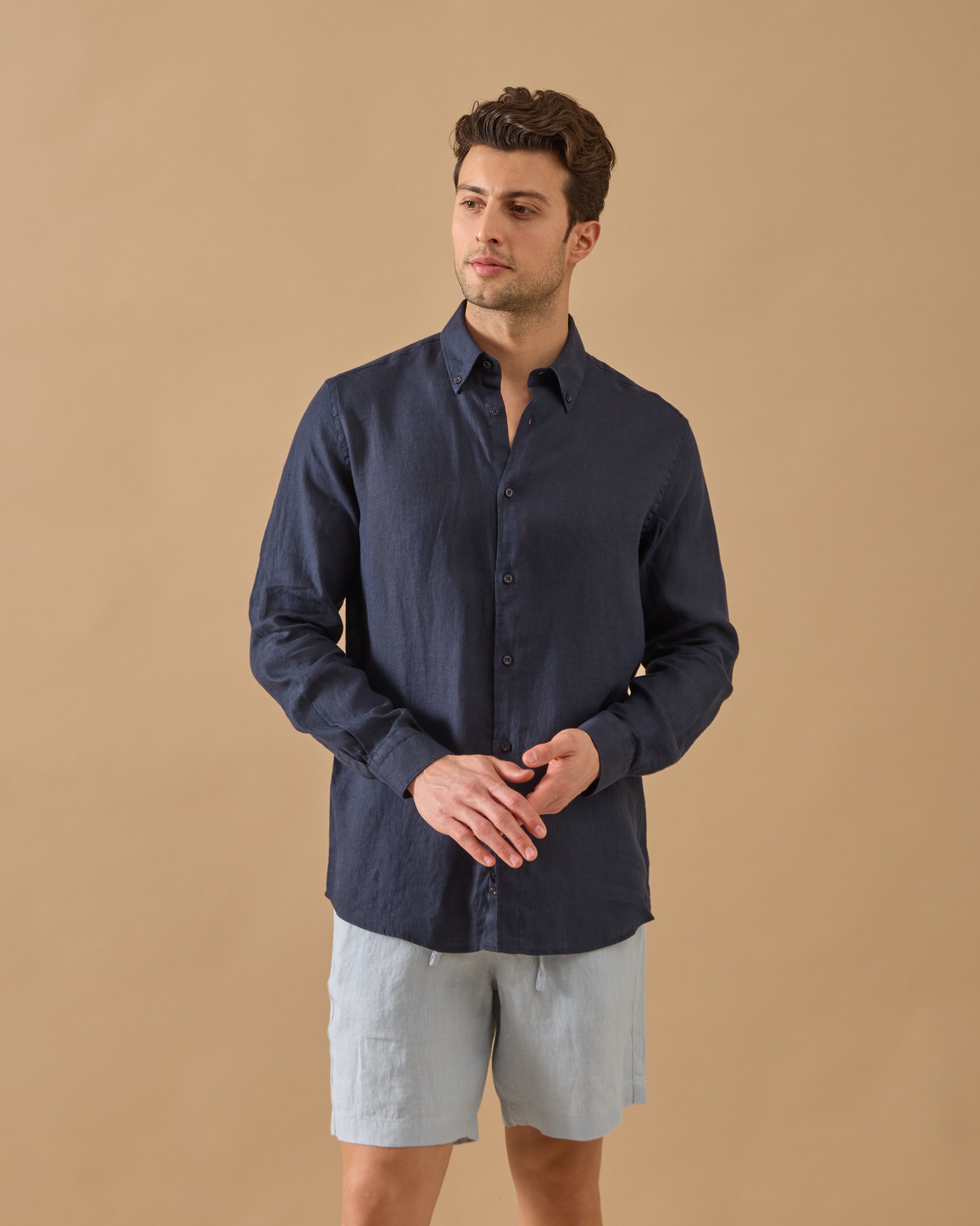 %100 Keten Lastikli Regular Fit Şort - mavi