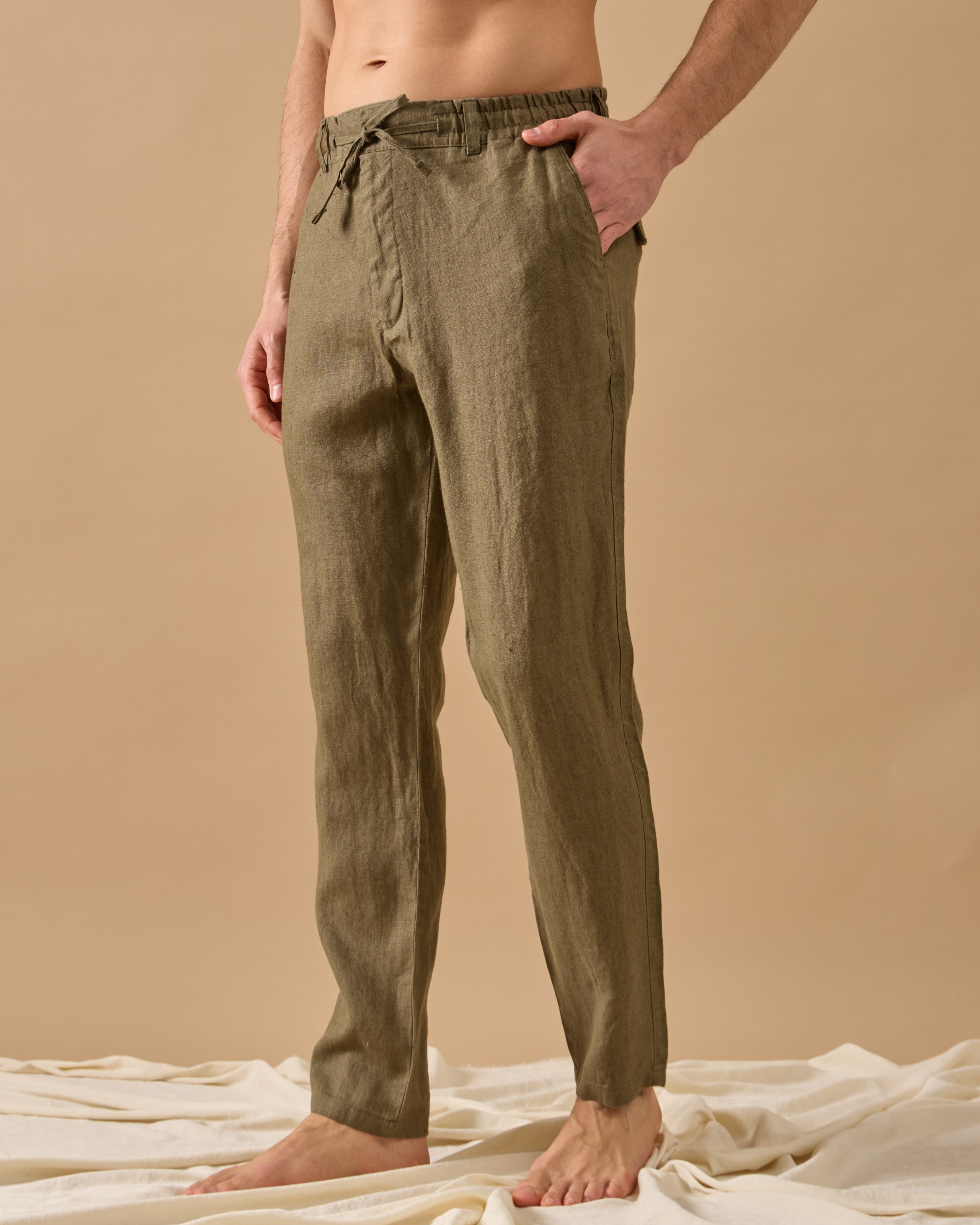 %100 Keten Lastikli Regular Fit Pantolon - Haki